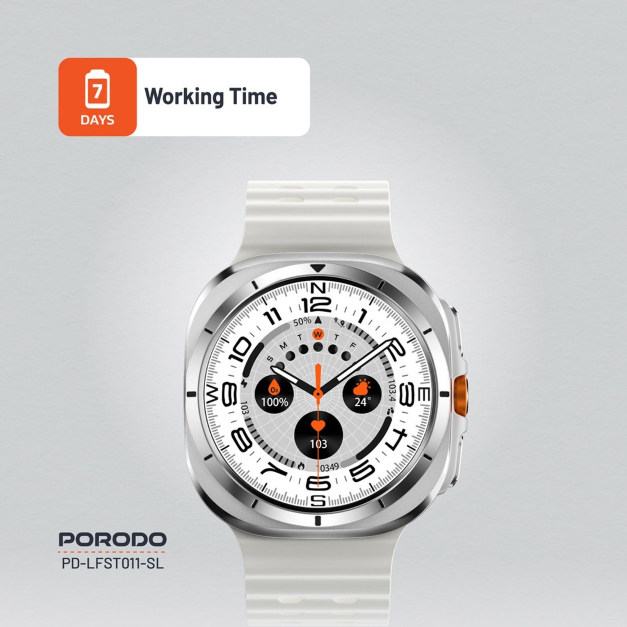 Porodo Voyager Smart Watch 1.43" AMOLED Display 466×466, Bluetooth Calling, Built-In Compass, Rugged Zinc Alloy Design, 400mAh Battery Up to 7 Days, Android & iOS Compatible- Silver