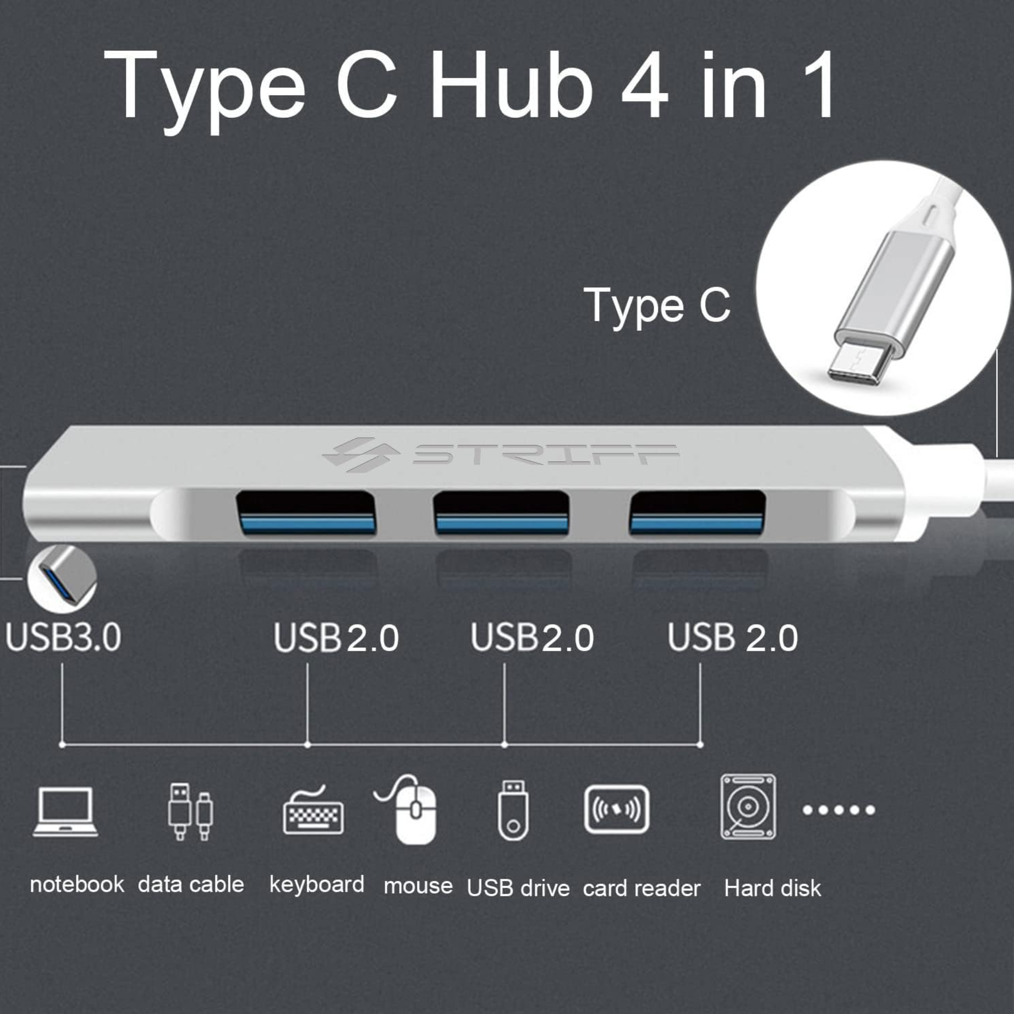 Tingz Type-C Smart Hub (4-in-1) is a USB-C to USB-A Adapter - Silver