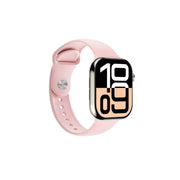 A rose gold Green Lion smart watch with a pink silicone band and a digital display showing time and date.