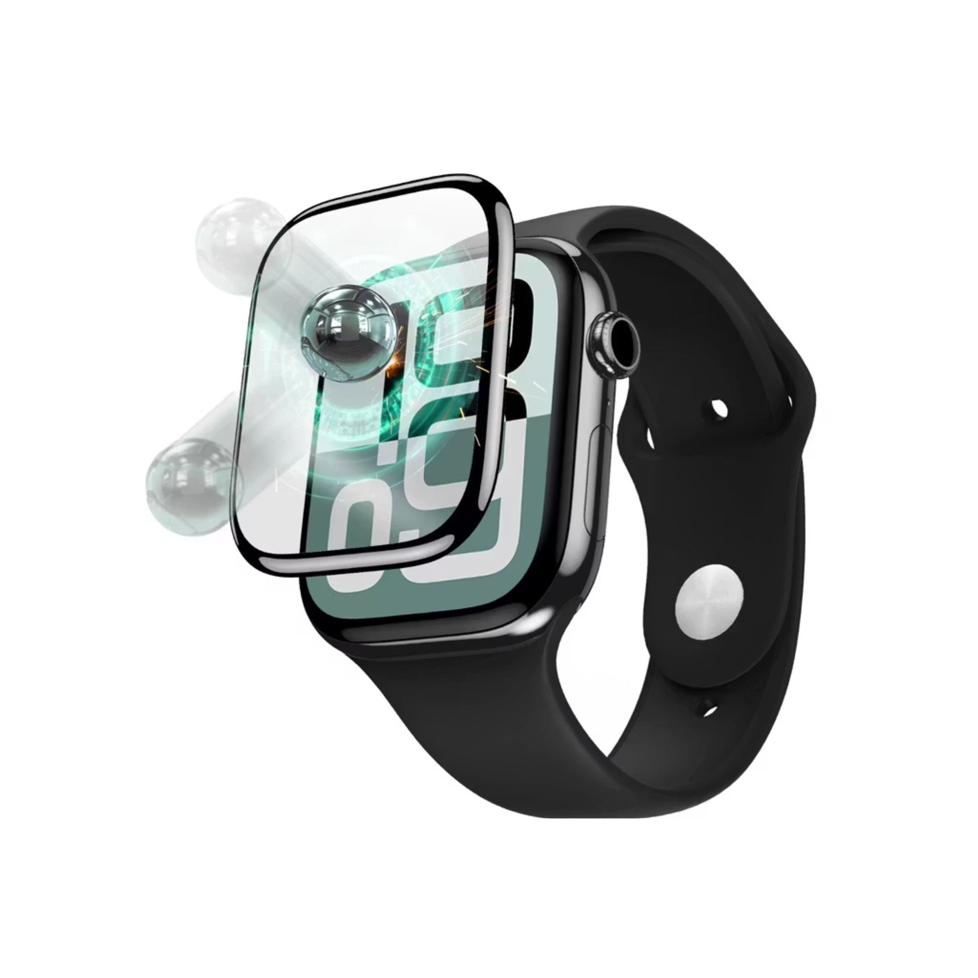 Smartwatch with a black band and screen protector on a white background