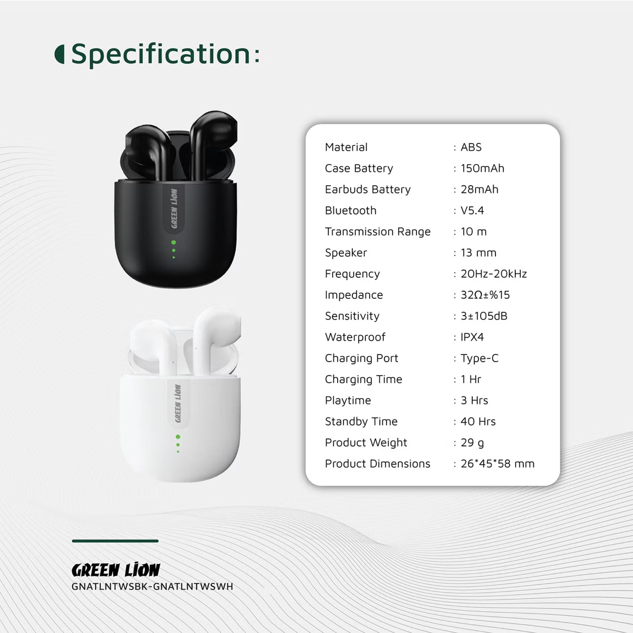 Green Lion Atlanta True Wireless Earbuds with Built-in Microphone, IPX4 Waterproof Level, Voice Assistant, HiFi Sound, Touch Control, 3 Hours Playtime - White