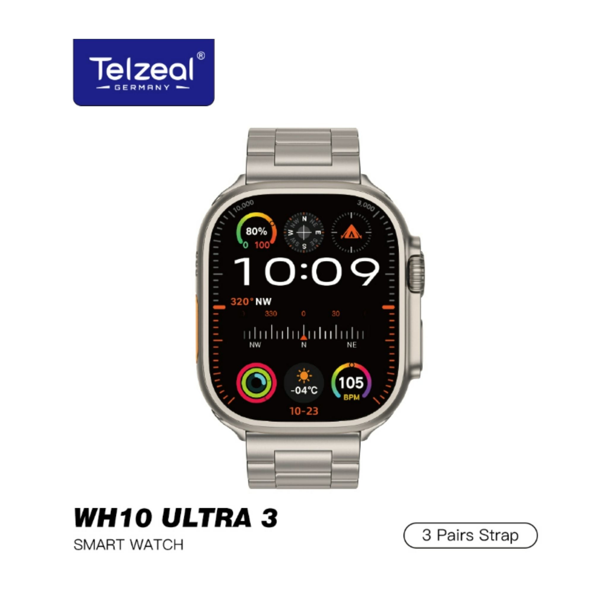 Telzeal WH10 Ultra 3 (3Pair strap/Wireless Charging) Smartwatch cutting-edge technology with sleek design & Ultimate Fitness & Style Companion- Gold