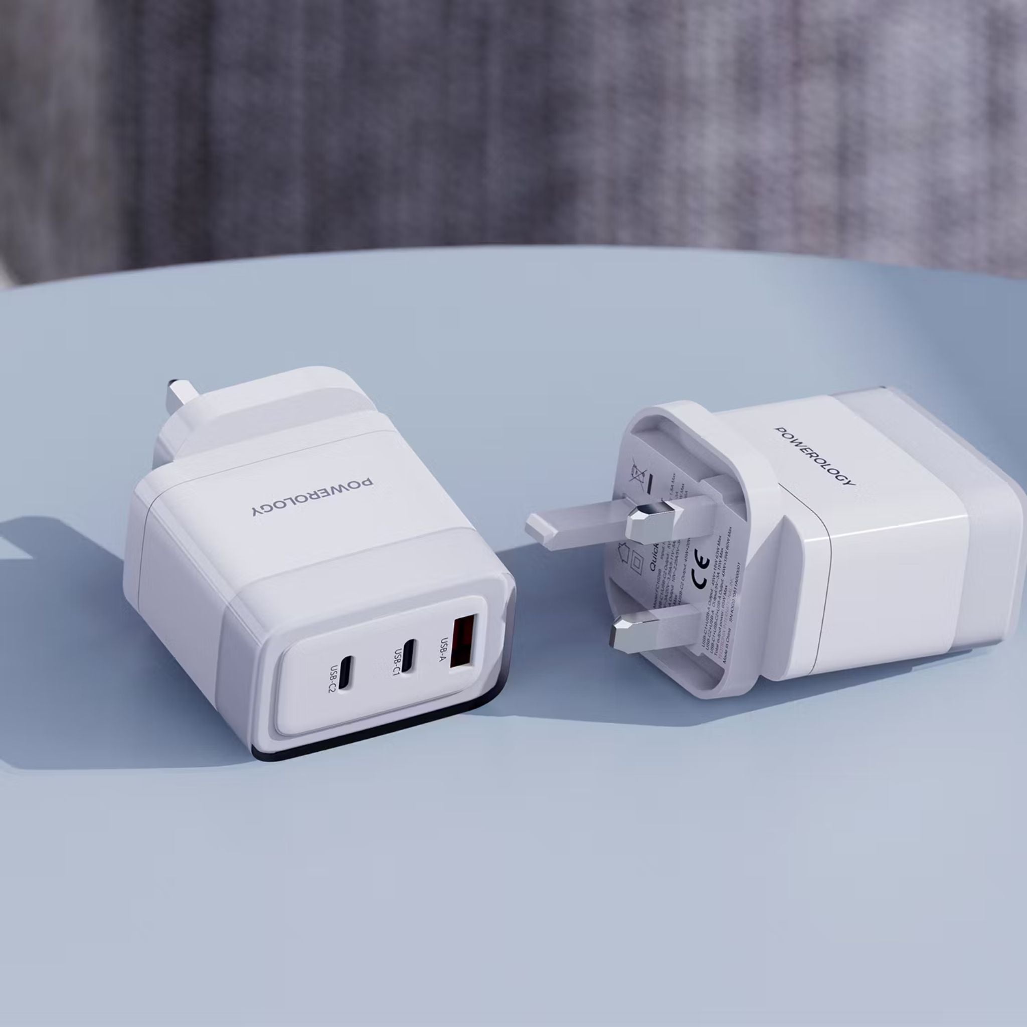 Powerology Lunex Series 3-Port Fast Charging Adapter with UK 3-Pin Power Plug, 65W PD USB-C Output, 22.5W QC USB-A Output, Multi-Device Charging, Powerful Laptop Charging, Universal Protocol Support - White