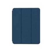 A blue leather folio case for iPad with a pencil holder on the back, featuring a full-body drop protection design.