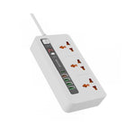 A white Porodo multi-port power hub with six AC sockets, five USB ports, and a power button, against a clean background.