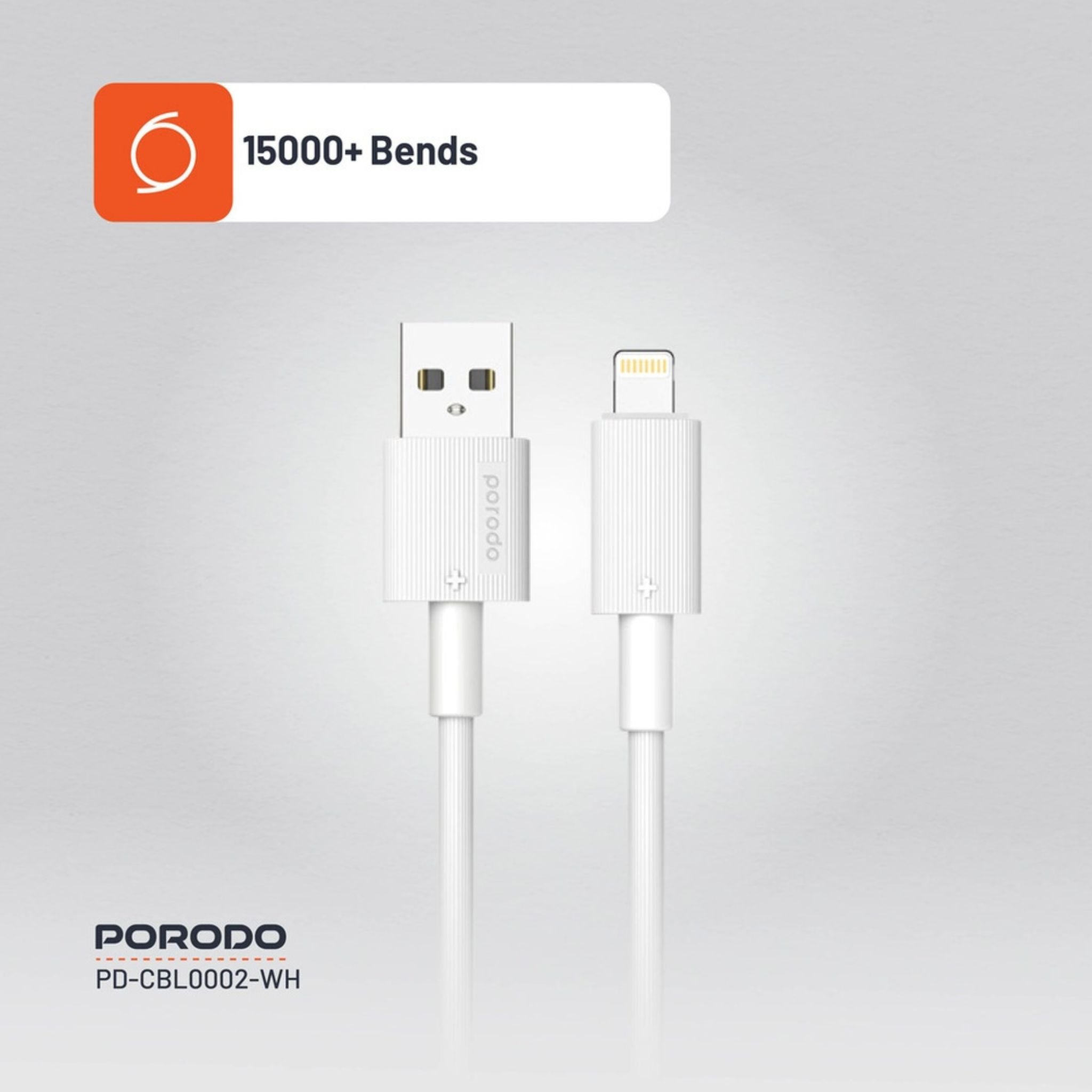 Porodo USB A to Lightning PVC Cable, 480Mbps, 2.4A Current, more than 15000 Bends Life Span, 1.2m Cable length, Tangle Free - White