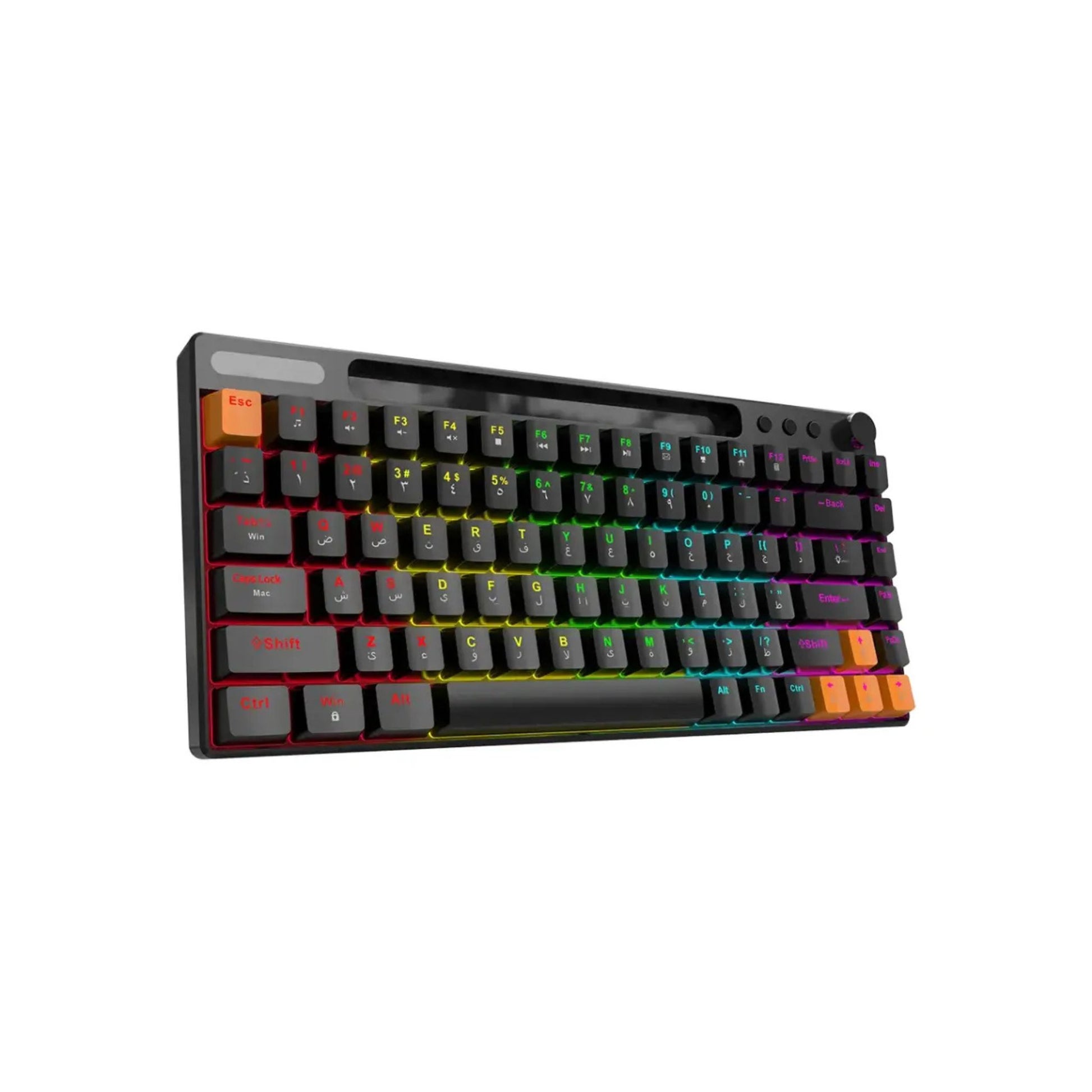 A black Porodo mechanical gaming keyboard with multicolor backlighting, featuring 84 keys, including Arabic characters, a volume/mute knob, and a USB cable.