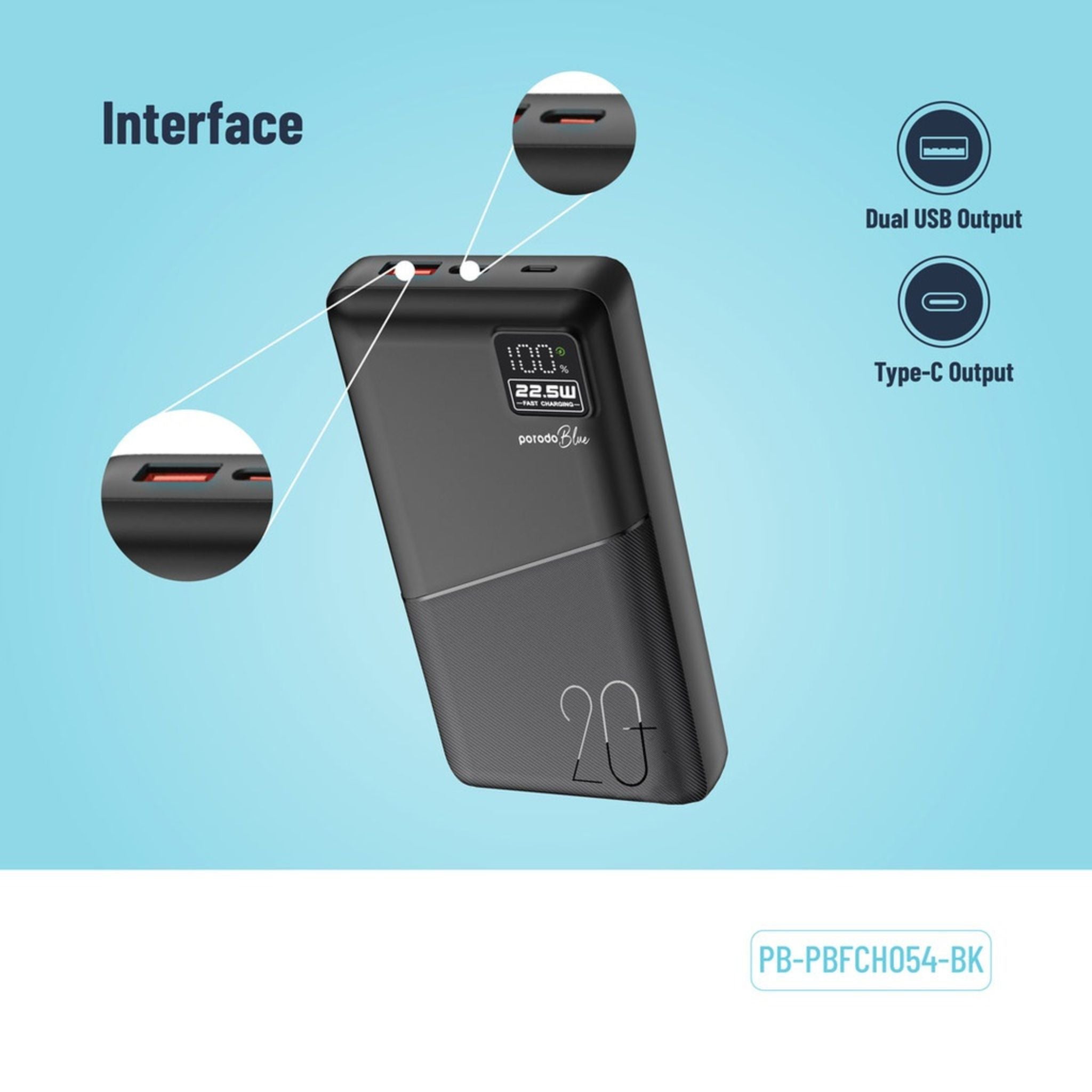 Porodo Blue Quick Charge Power Bank with USB-A & USB-C Outputs, 20000mAh Battery Capacity, Digital Display, 20W Power Delivery - Black