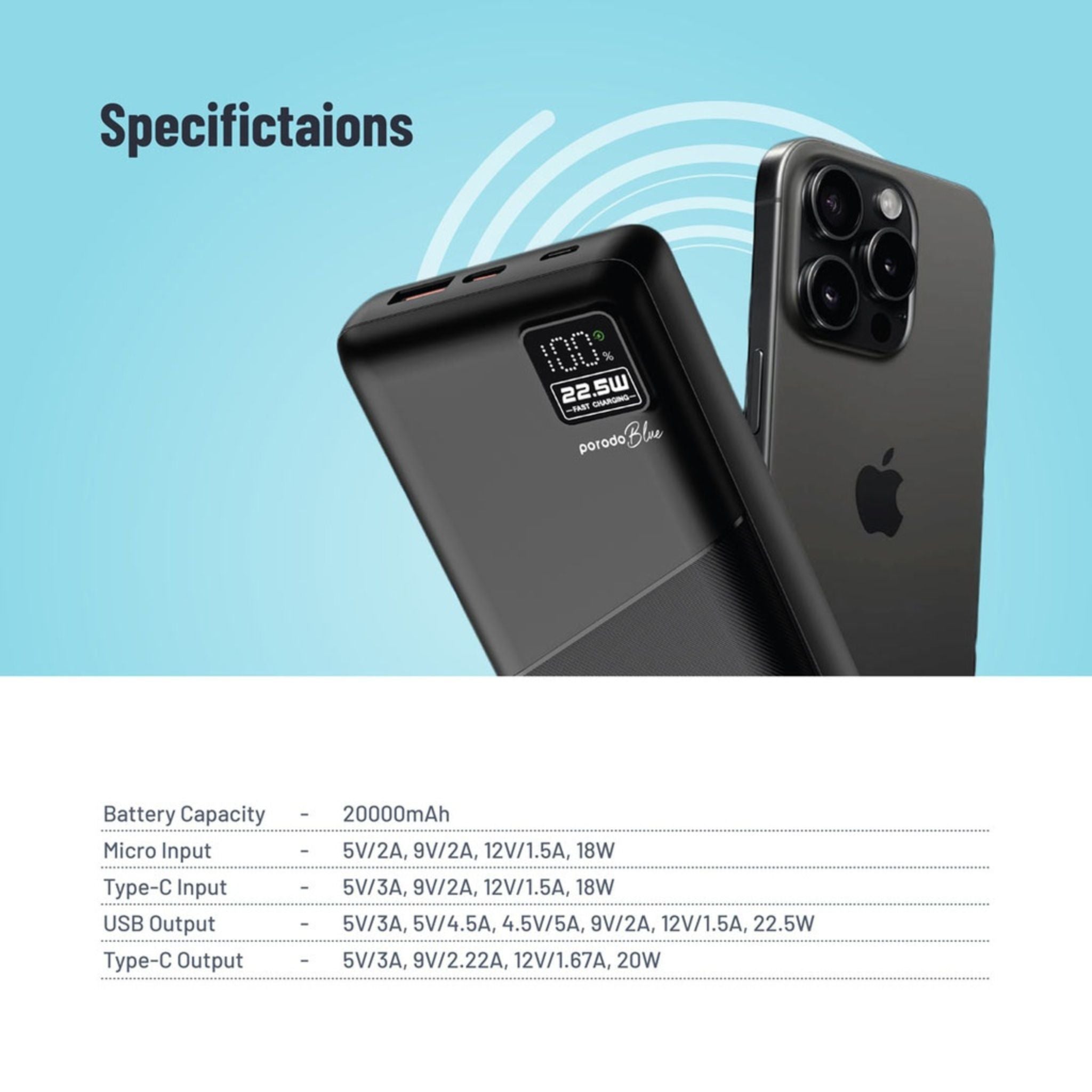 Porodo Blue Quick Charge Power Bank with USB-A & USB-C Outputs, 20000mAh Battery Capacity, Digital Display, 20W Power Delivery - Black
