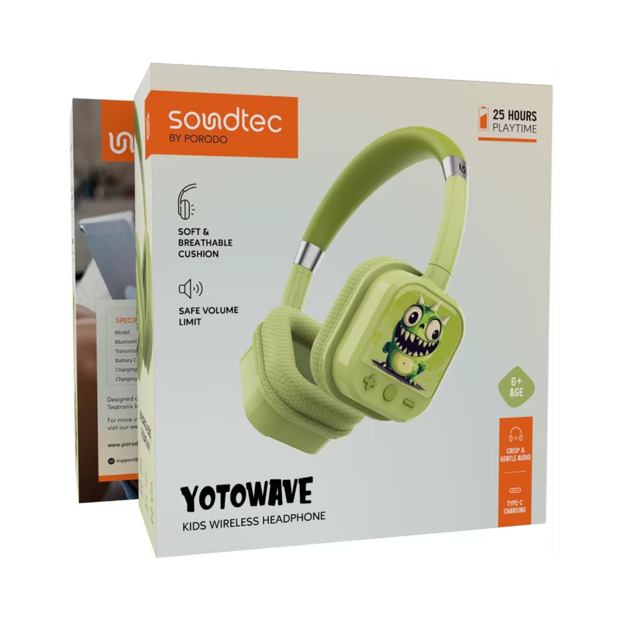 Porodo Soundtec Yotowave Kids Wireless Headphones with Comfortable & Breathable Cushion, 200mAh Battery, Up to 25 Hours Play Time, 40mm Speaker Size, Bluetooth Version 5.4, Recommended for Kids Aged 6+, Skin-Friendly Material, Safe Volume Limit - Green