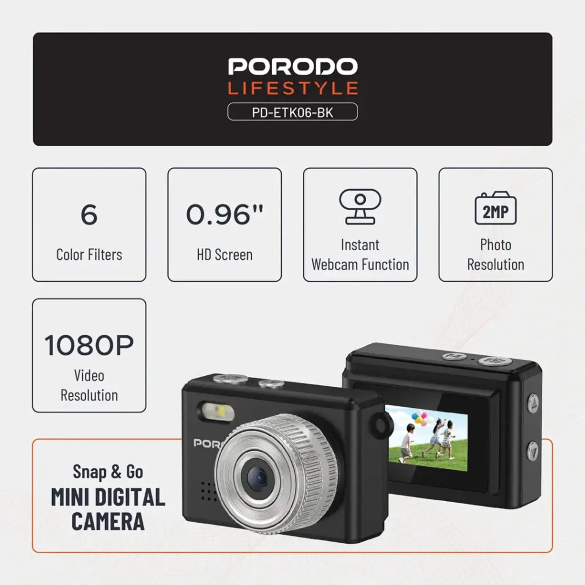 Porodo Lifestyle Snap & Go Mini Digital Camera 2MP / Full HD Camera Video Resolution / Portable Camera with Lightweight / 6 Color Filters / Instant Webcam Function / AVI and JPG Format - Black