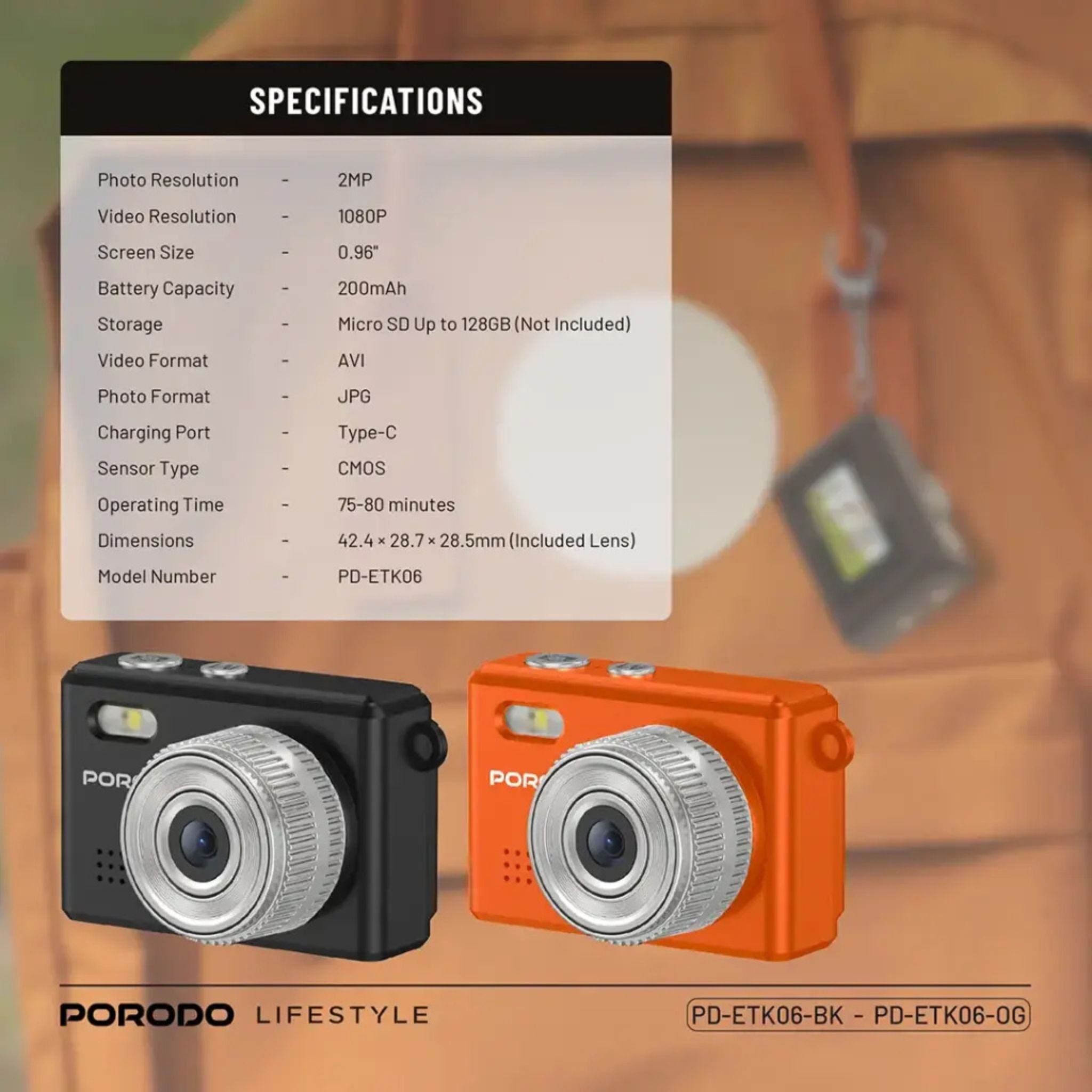 Porodo Lifestyle Snap & Go Mini Digital Camera 2MP / Full HD Camera Video Resolution / Portable Camera with Lightweight / 6 Color Filters / Instant Webcam Function / AVI and JPG Format - Black