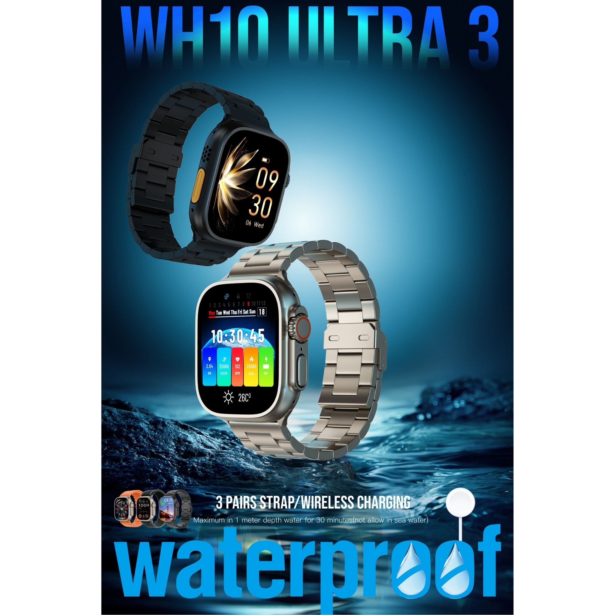 Telzeal WH10 Ultra 3 (3Pair strap/Wireless Charging) Smartwatch cutting-edge technology with sleek design & Ultimate Fitness & Style Companion- Gold