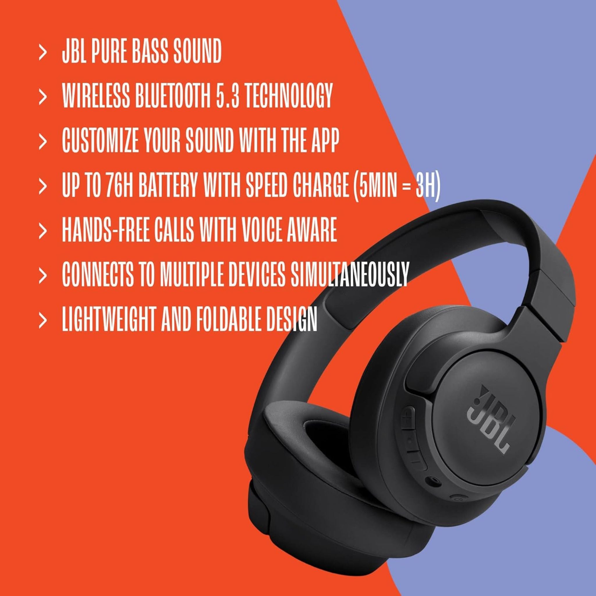 JBL Tune 720BT Wireless Over-Ear Headphones, Pure Bass Sound, Bluetooth 5.3, 76H Battery, Hands-Free Call, Multi-Point Connection, Foldable, Detachable Audio Cable - Purple