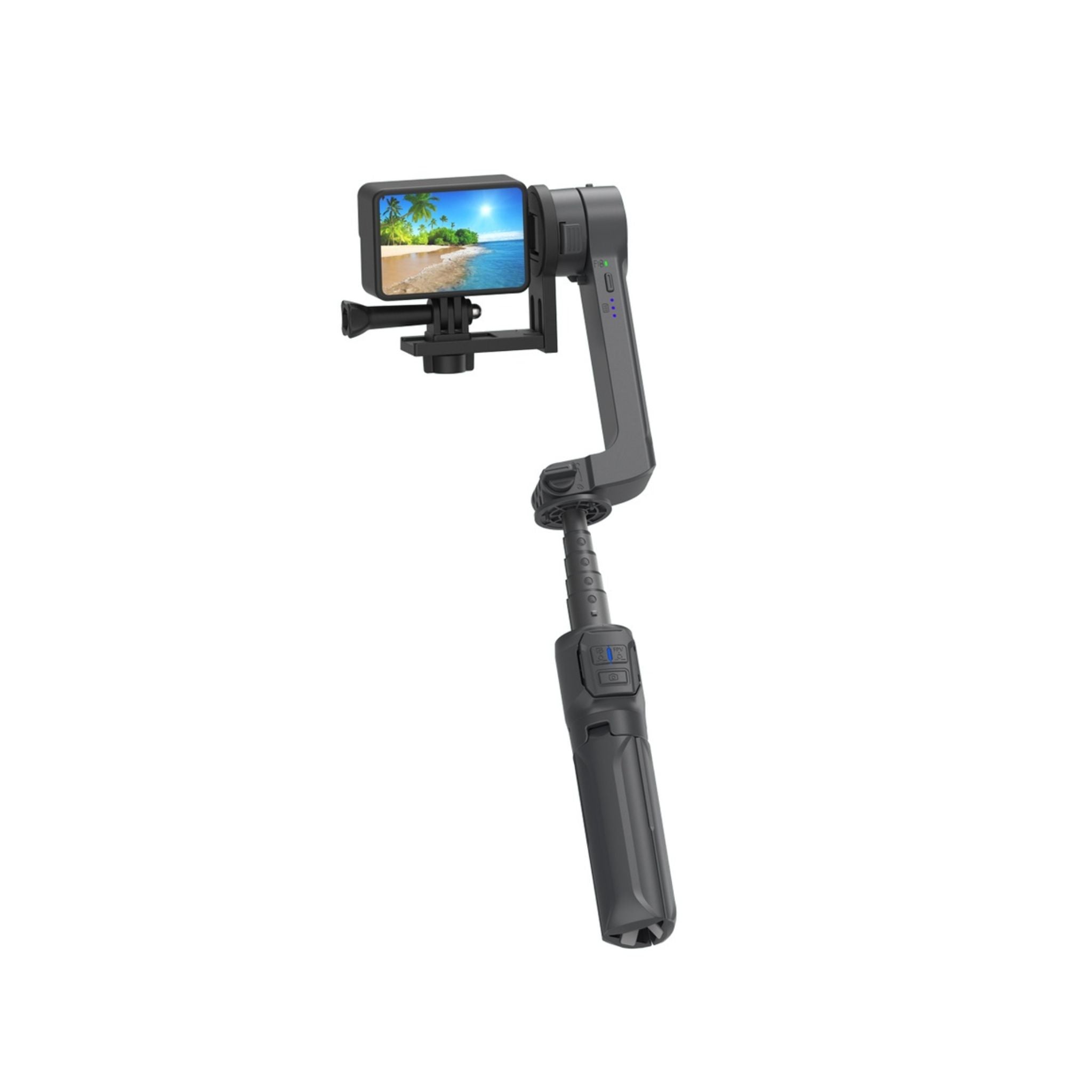 Porodo 2-Axis Gimbal Stabilizer with 3 Light Modes, Up to 8 Hours Working Time, FPV Mode, Anti-Shake, Detachable Light, Compatible with Smartphones & Action Cameras - Black
