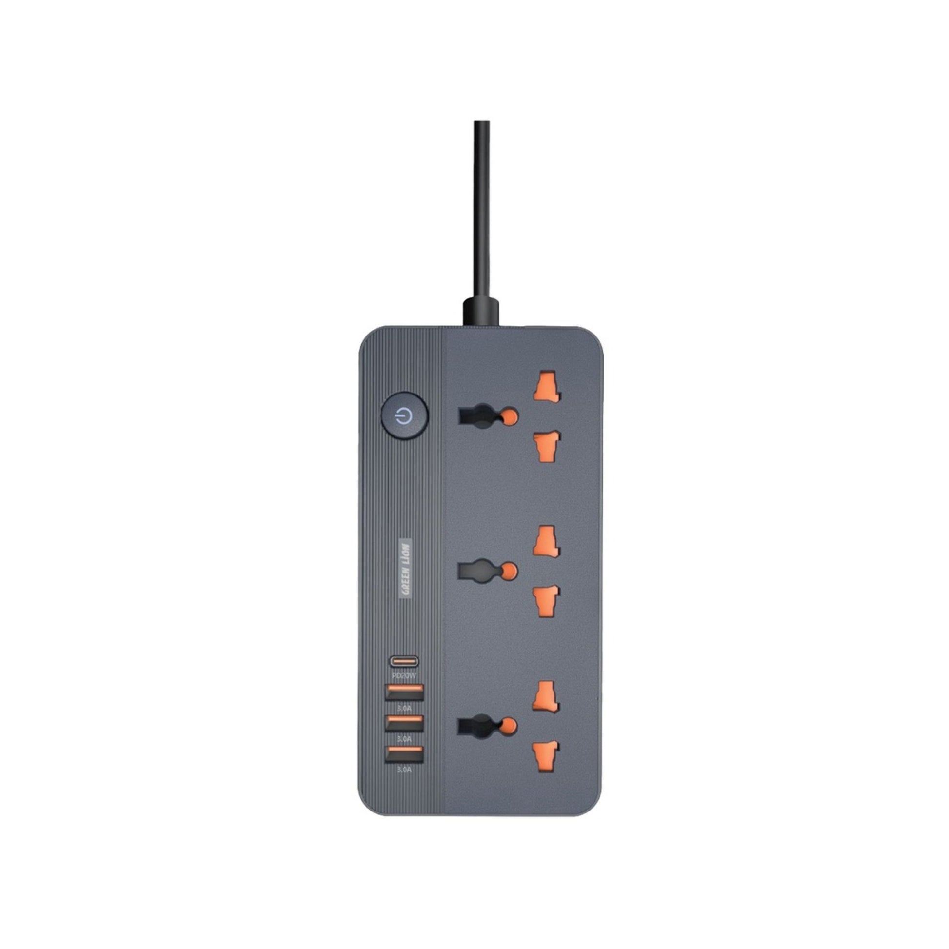 A black power socket with a UK plug, featuring three universal sockets, three USB Type-A ports, and one USB Type-C port. The power socket is on a white background.