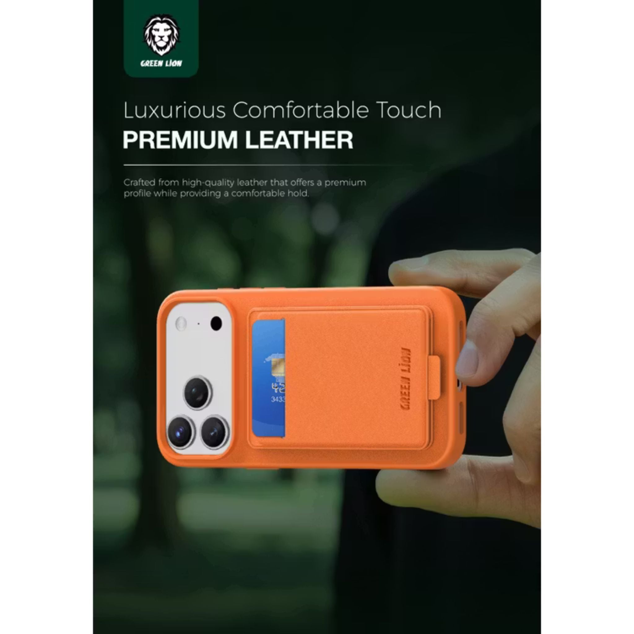 Green Lion Regal MagSafe Leather Case with Card Holder for iPhone 17 Pro Max, Anti-Fingerprint, Foldable Stand, Camera Protection, Comfortable Grip, Anti-Scratch, Shock Absorption - Orange