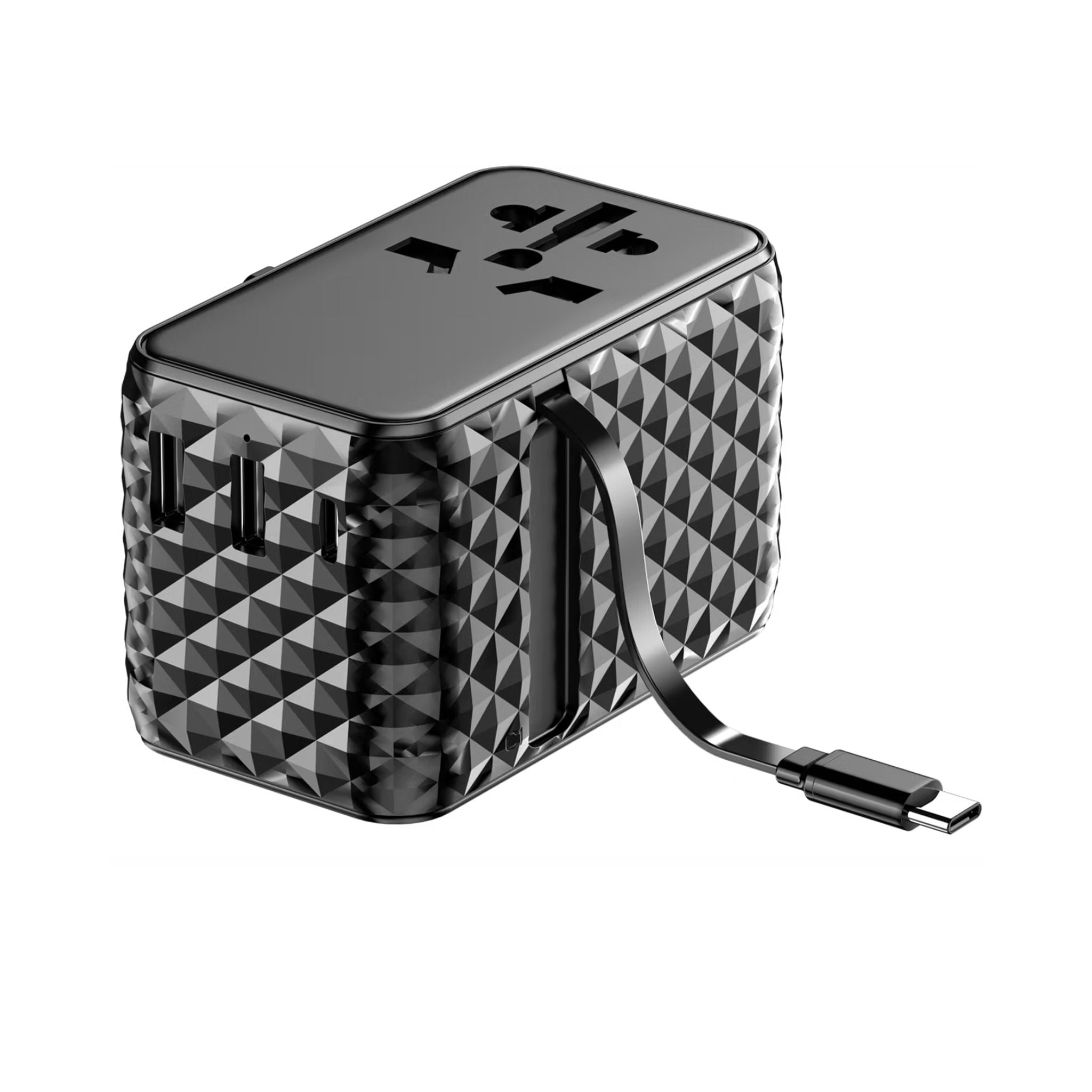 Powerology GaN 20W PD Universal Adapter with Retractable Type-C Cable, Simultaneous Charging, Includes Spare Fuse, Built-In Safeguard - Black