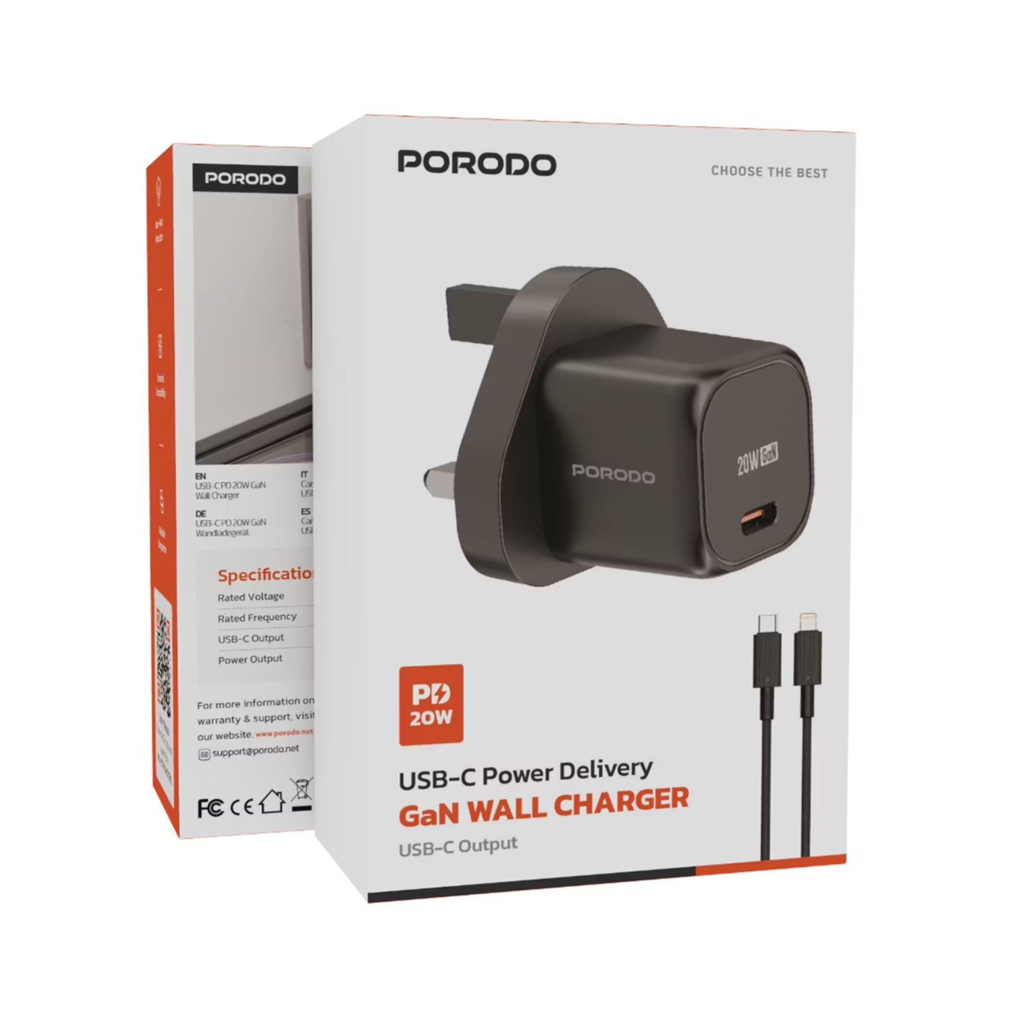 Porodo PD 20W USB-C Power Delivery GaN Wall Charger with USB-C to Lightning Cable, Over-Heat Protection, Universal Compatibility, Portable & Travel Friendly - Black