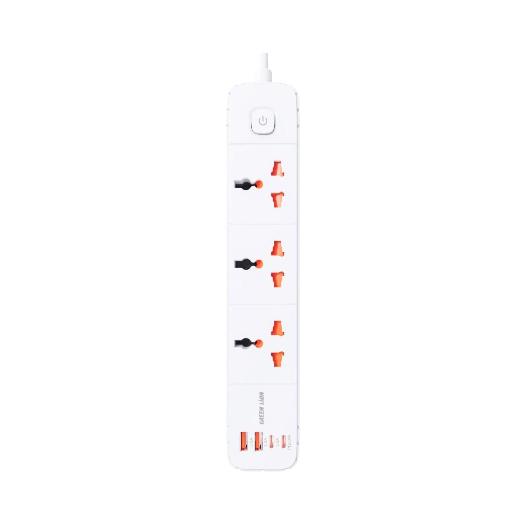 A white Green Lion GS-300 power strip with three AC sockets, two USB Type-C ports, and two USB Type-A ports, featuring a UK plug.