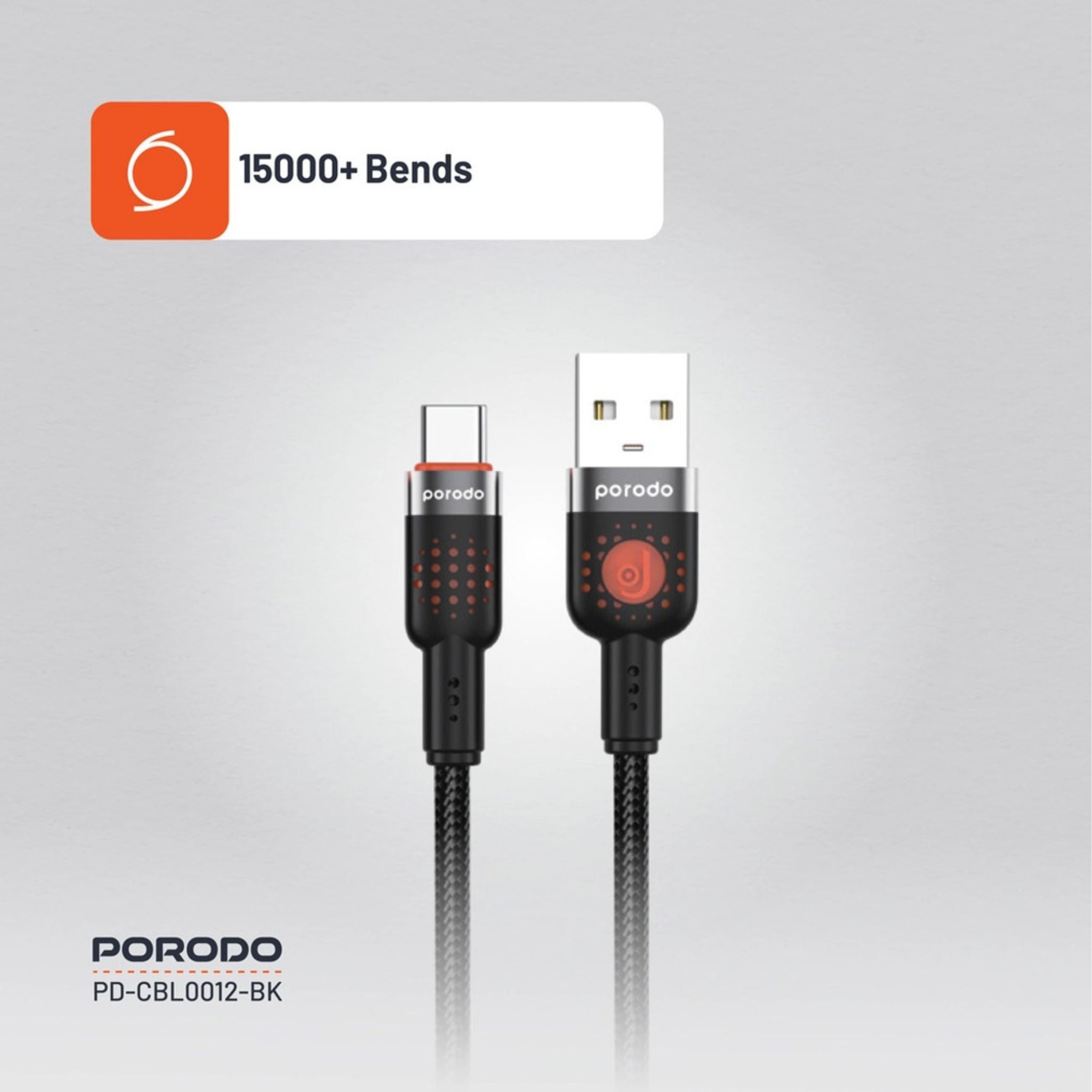 Porodo Braided USB-A to Type-C Cable with 480Mbps Transfer Speed, 1.2m Cable Length, More than 15,000 Bends Lifespan, Tangle-Free Design - Black