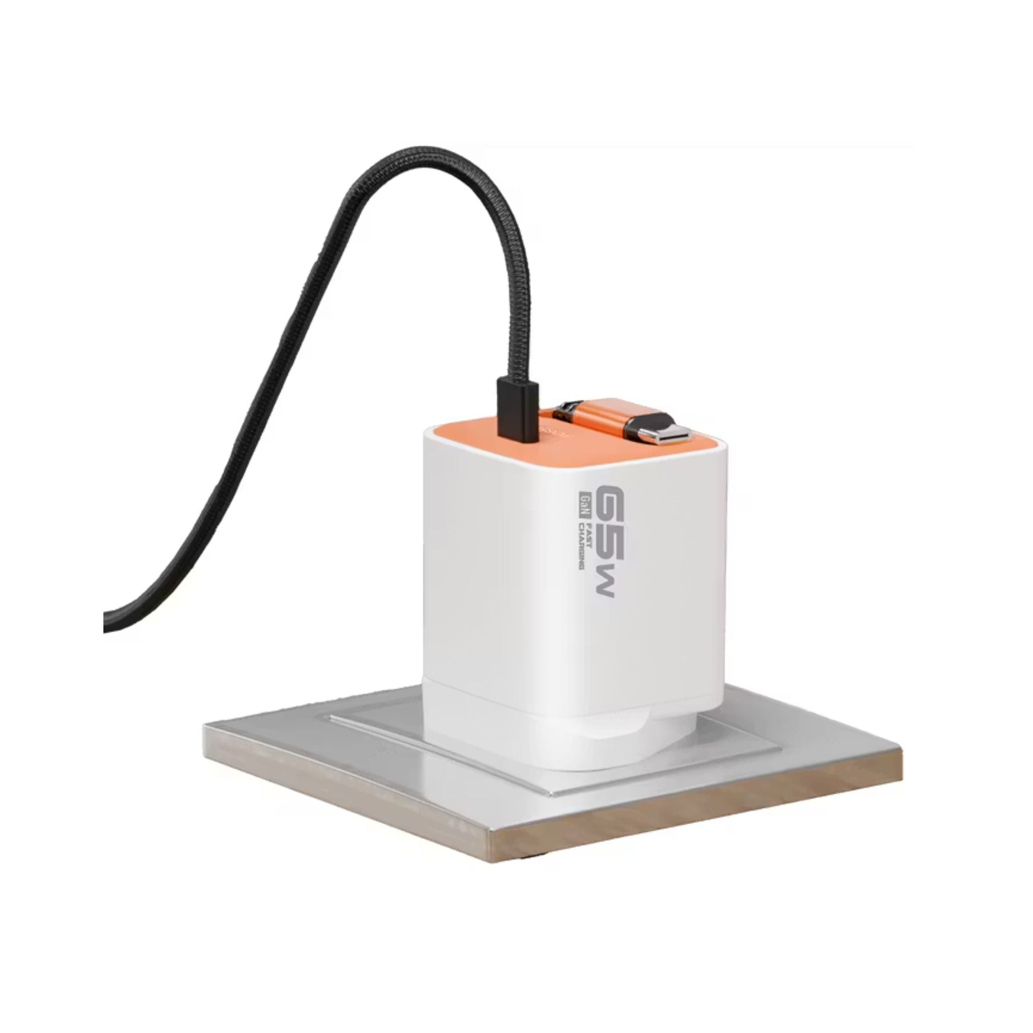 Porodo Tezpatro 65W GaN Charger with USB-C Retractable Cable, 1.5A Rated Current, 65W Power Delivery, 80cm Cable Length, Flame-Retardant Housing, Fast Charge Support - White / Orange