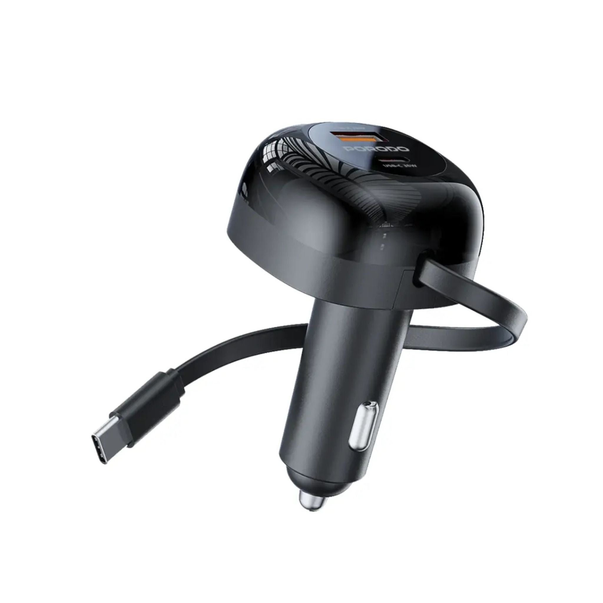 Porodo Dual Port Car Charger with 80cm Retractable Type-C Cable, Simultaneous Charging, Universal Compatibility, 47W Total Output Power - Black