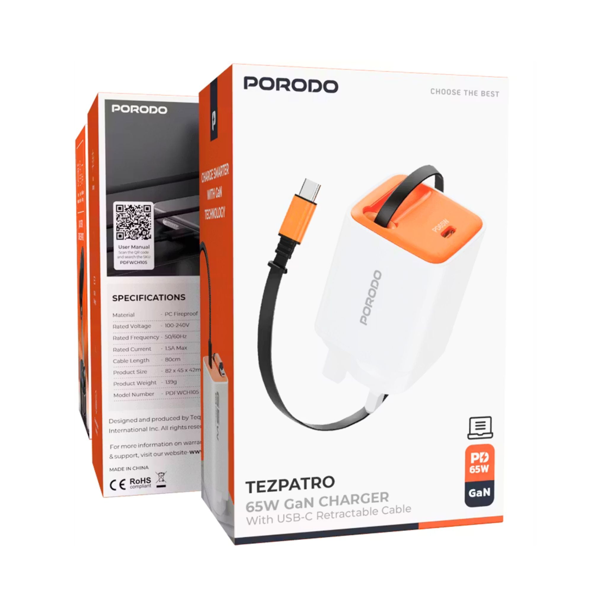 Porodo Tezpatro 65W GaN Charger with USB-C Retractable Cable, 1.5A Rated Current, 65W Power Delivery, 80cm Cable Length, Flame-Retardant Housing, Fast Charge Support - White / Orange