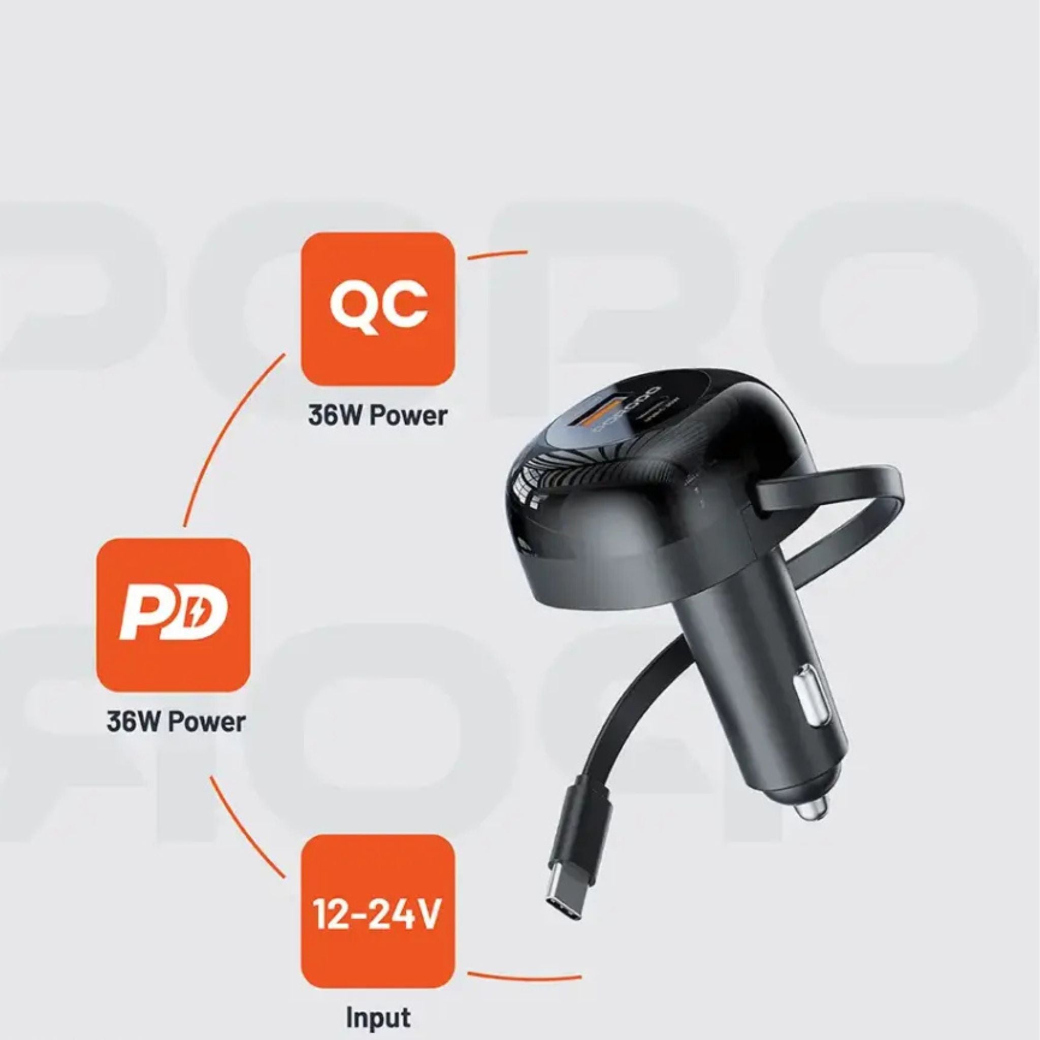 Porodo Dual Port Car Charger with 80cm Retractable Type-C Cable, Simultaneous Charging, Universal Compatibility, 47W Total Output Power - Black