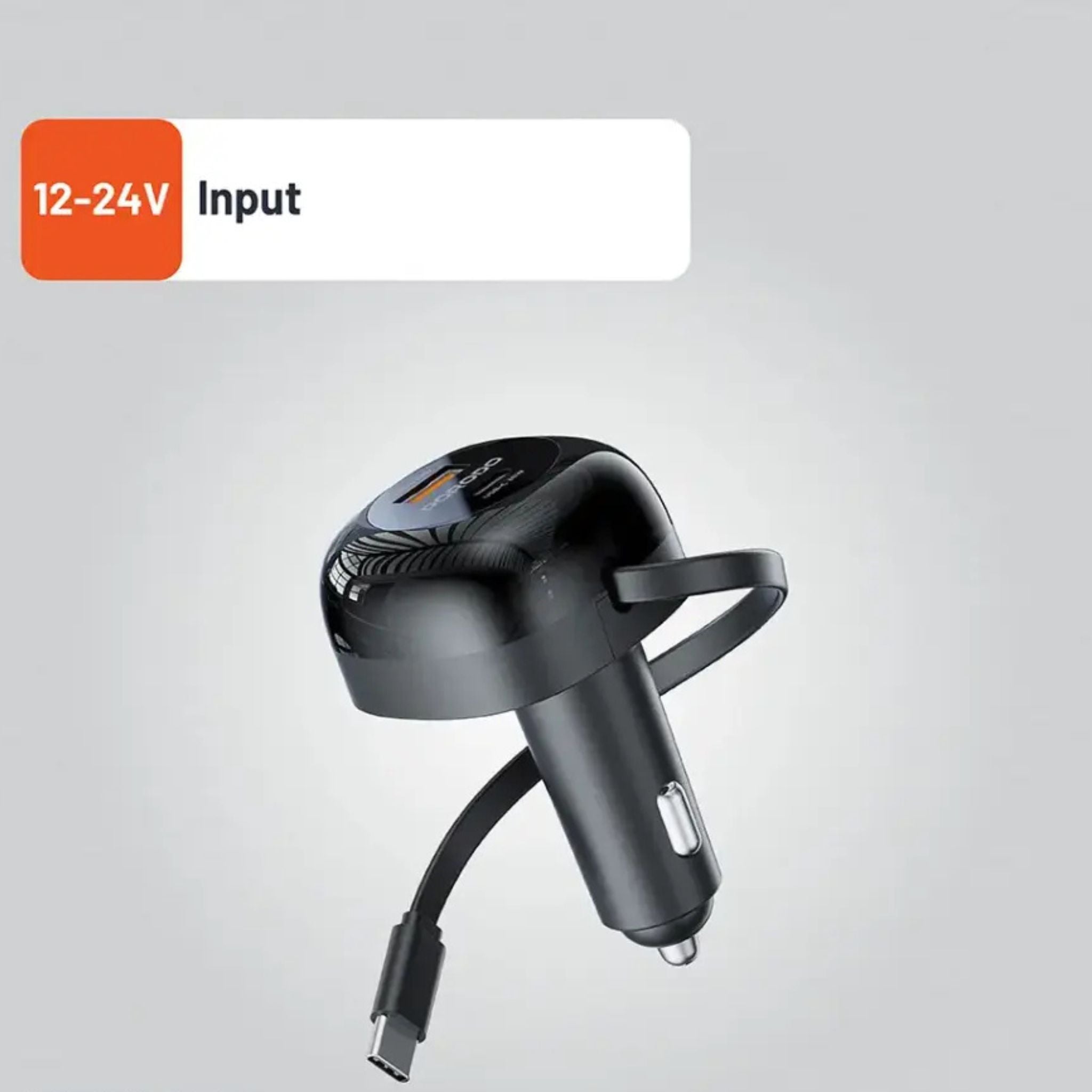 Porodo Dual Port Car Charger with 80cm Retractable Type-C Cable, Simultaneous Charging, Universal Compatibility, 47W Total Output Power - Black
