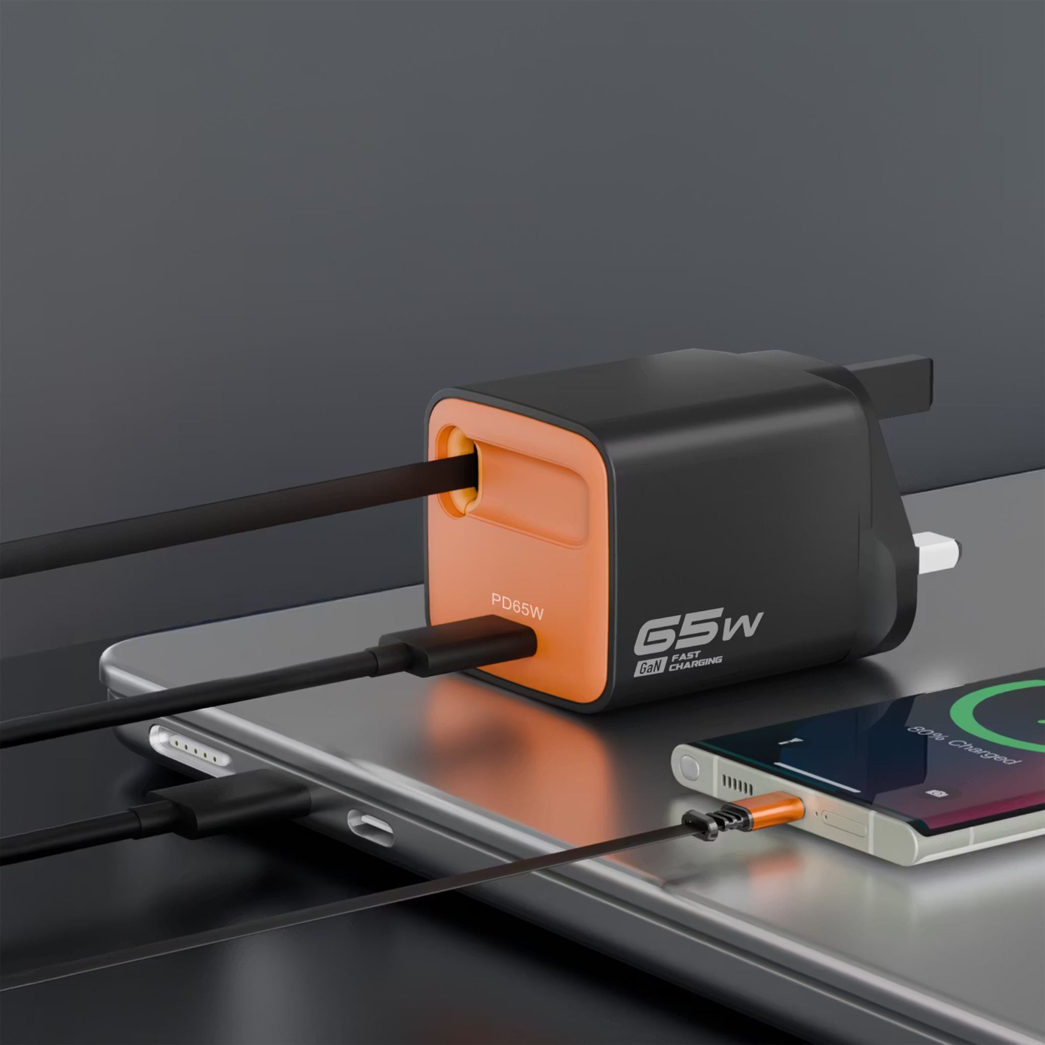 Porodo Tezpatro 65W GaN Charger with USB-C Retractable Cable, 1.5A Rated Current, 65W Power Delivery, 80cm Cable Length, Flame-Retardant Housing, Fast Charge Support - Black / Orange