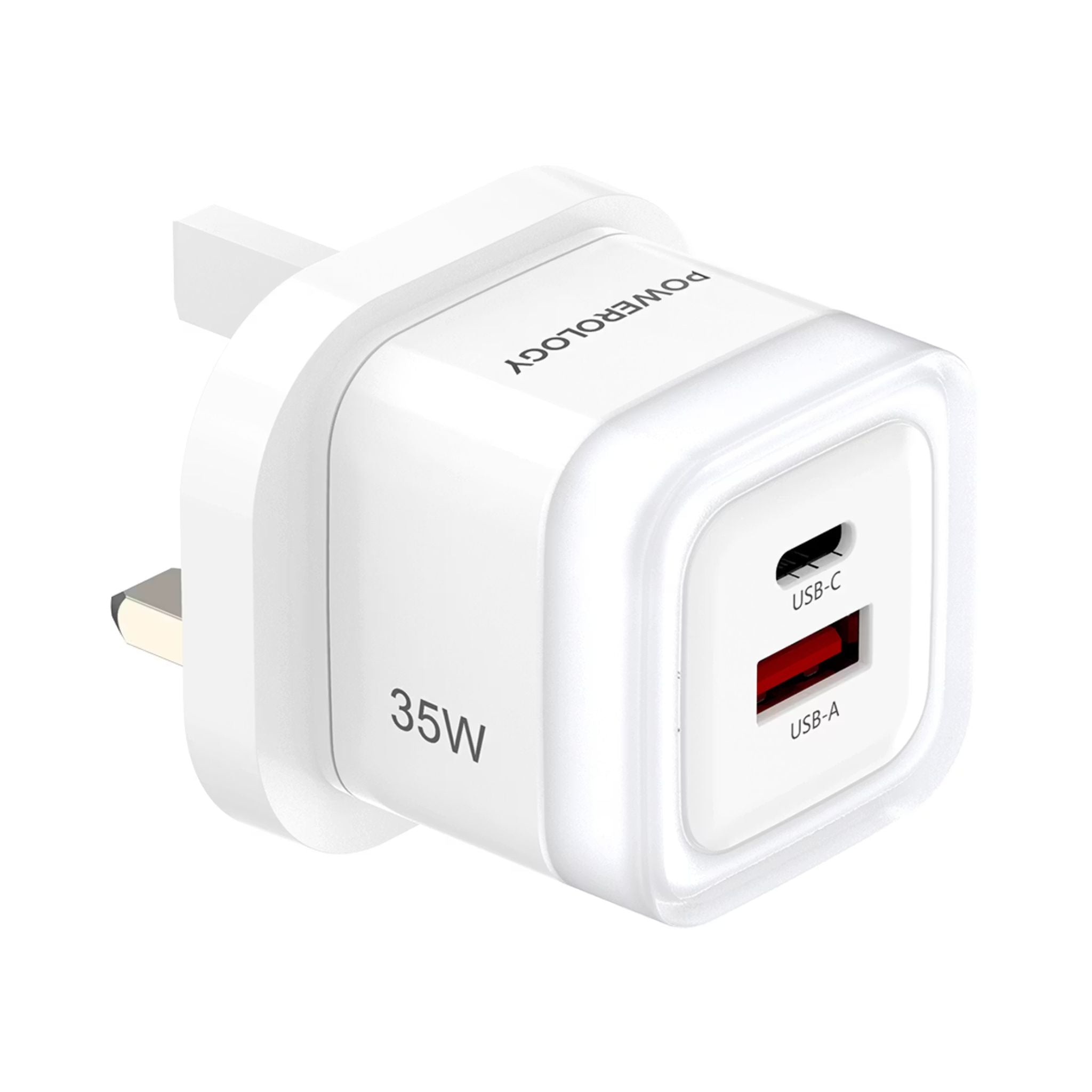 Powerology Lunex Dual-Port Fast Charging Adapter with USB-C & USB-A Ports, 35W Power Delivery, 22.5W USB-A Output, UK 3-Pin Plug, Universal Protocol Support, Multi-Device Charging - White