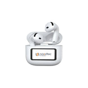 The image shows a pair of white Porodo Soundtec Glimpse ANC earbuds with a touch display and control panel visible.
