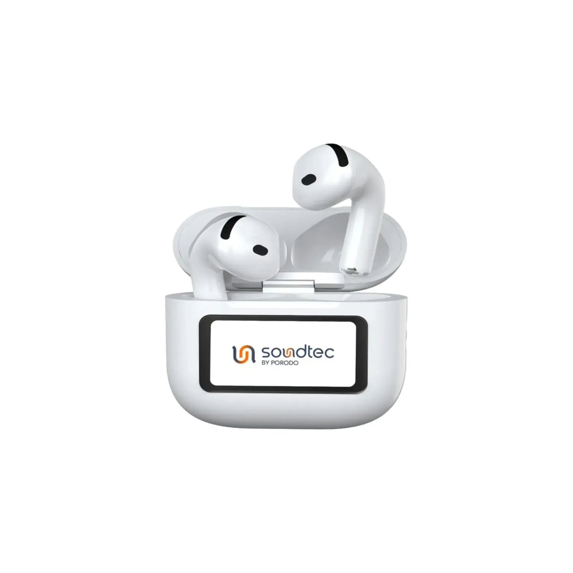 The image shows a pair of white Porodo Soundtec Glimpse ANC earbuds with a touch display and control panel visible.