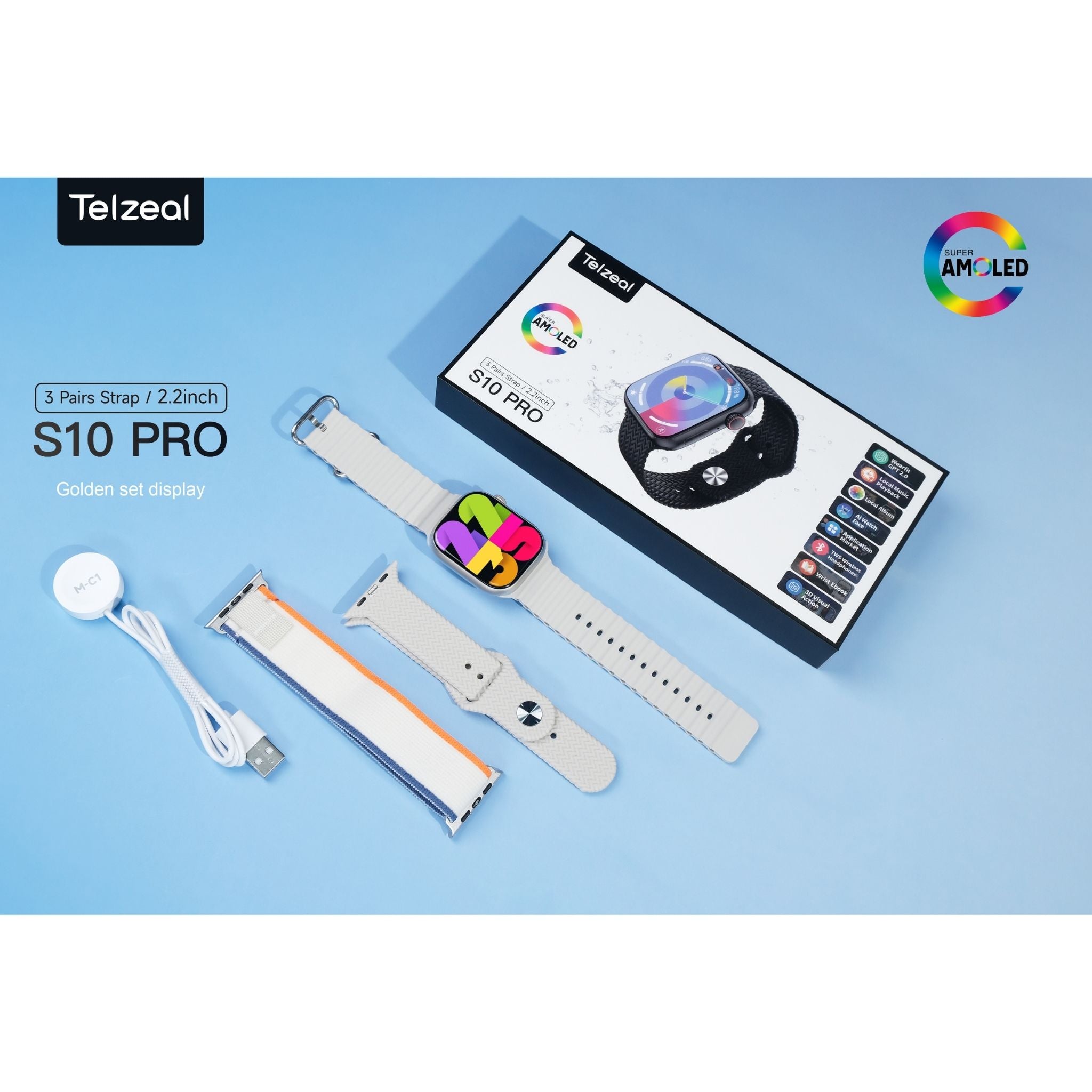 Telzeal S10 Pro AMOLED Display Smart Watch with 3 Pairs of Straps, Wireless Charger – Stylish, High-Resolution Display, Fitness Tracking, Heart Rate Monitoring, and More – Gold