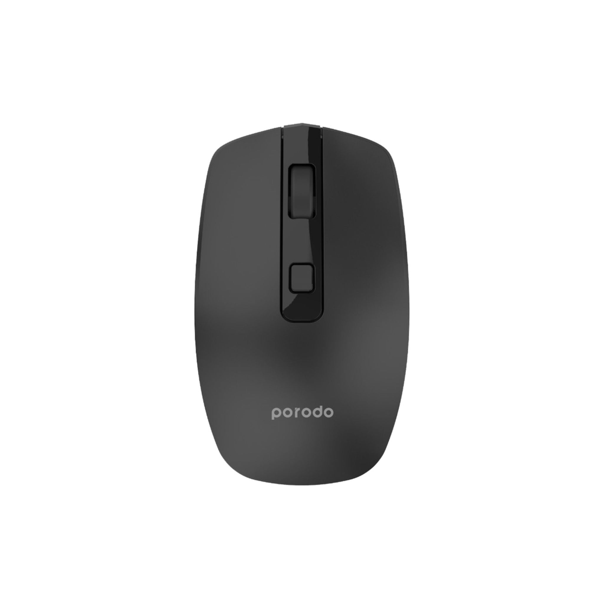 A black Porodo 2.4G wireless and Bluetooth rechargeable mouse with adjustable DPI, shown in a side view with the brand name visible.