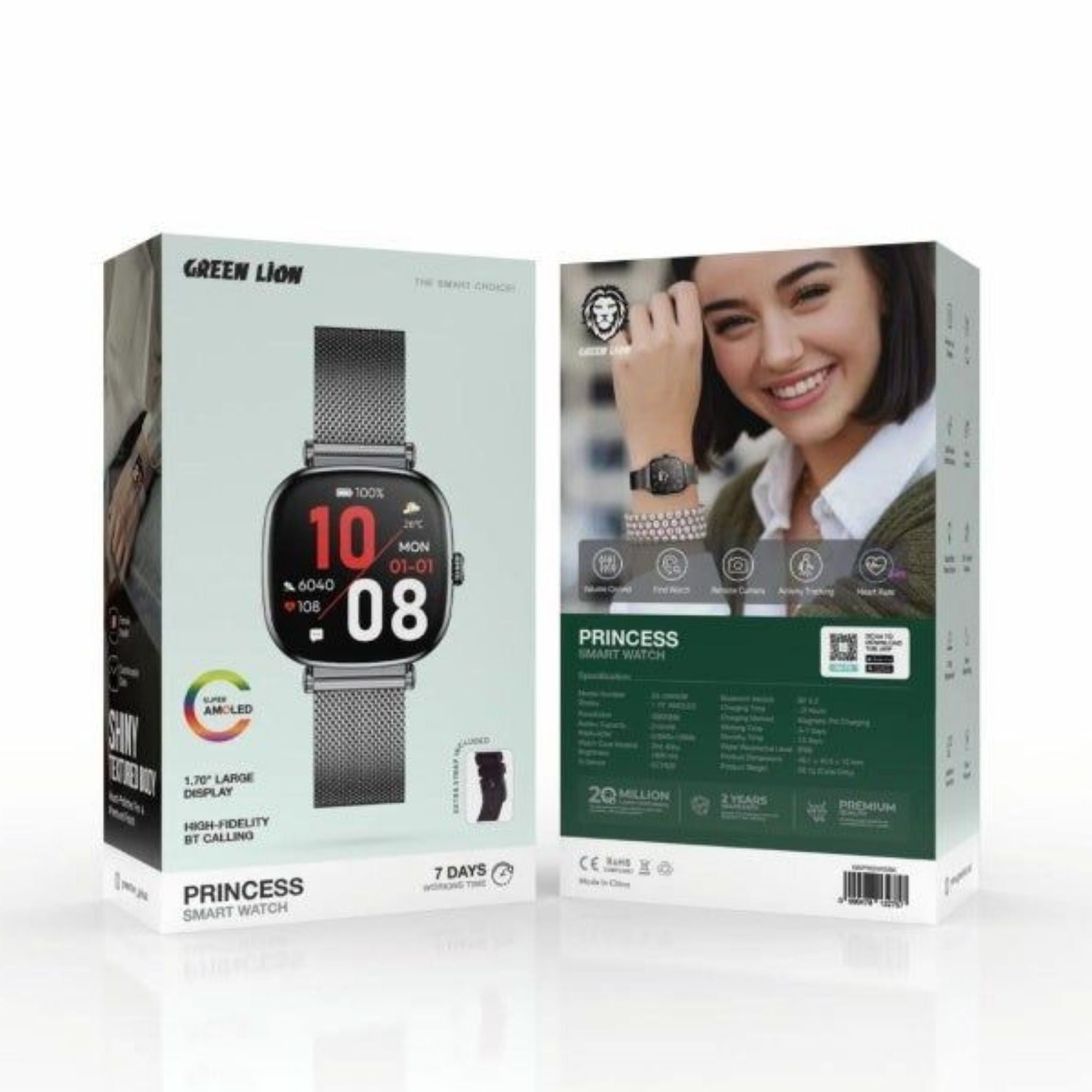 Green Lion Princess Smart Watch, 1.70" AMOLED Display, 336x336 Resolution, 1000 Nits Brightness, Bluetooth 5.2, Heart Rate & Blood Pressure Monitoring, IP68 Waterproof, Glossy Black