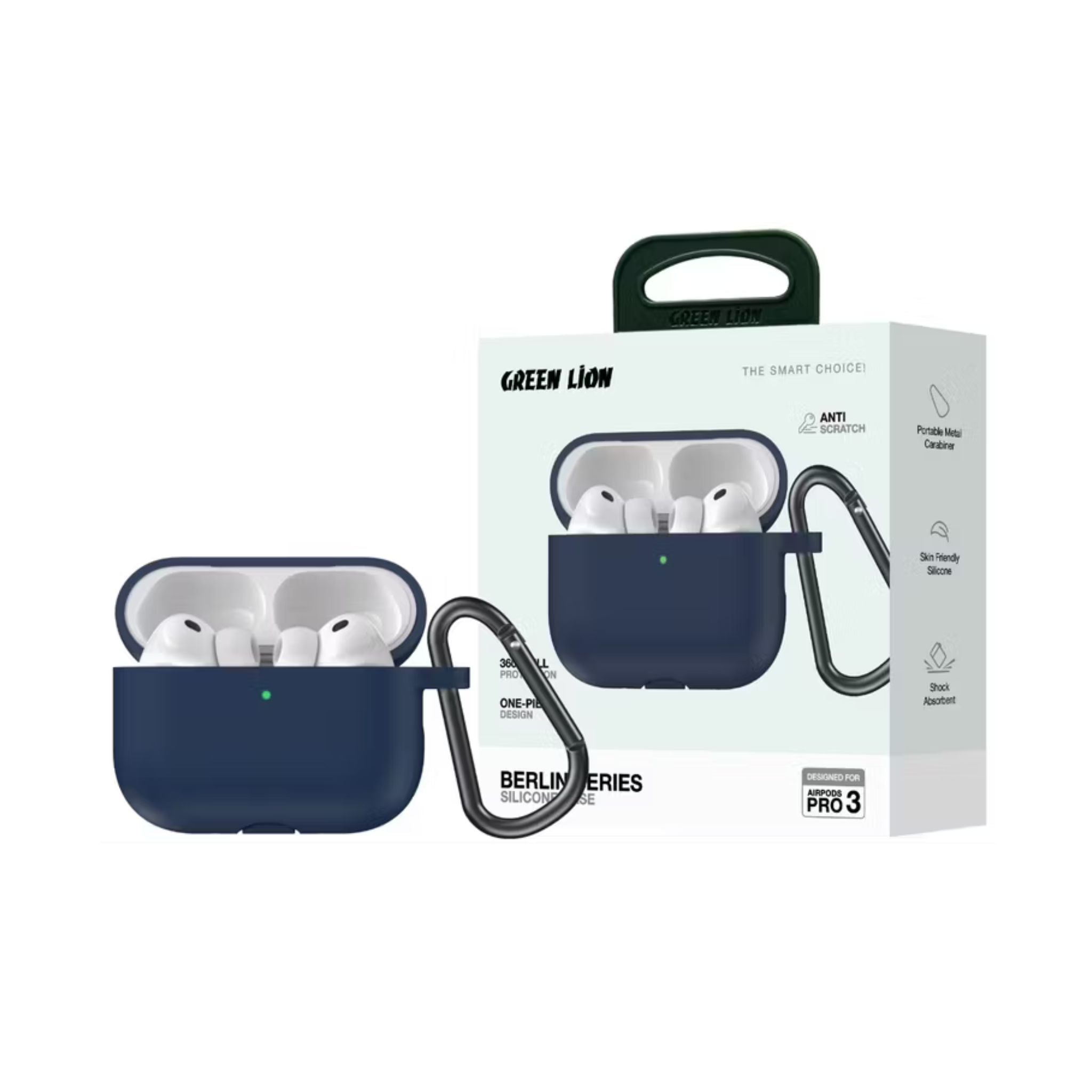 Green Lion Berlin Series Silicone Case for AirPods Pro 3 with Portable Metal Carabiner, 360° Full Protection, Seamless Fit, Skin-Friendly Touch, One-Piece Design, Anti-Scratch, Shockproof - Blue