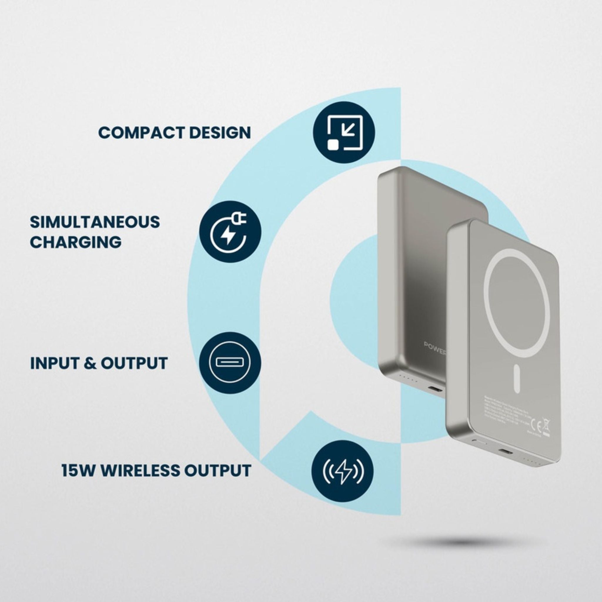 Powerology 10000mAh MagSafe Aluminum Power Bank with Battery Level Indicator, Lightweight & Compact Design, Fast & Simultaneous Charging, Type-C Input & Output, 15W Wireless Output - Titanium