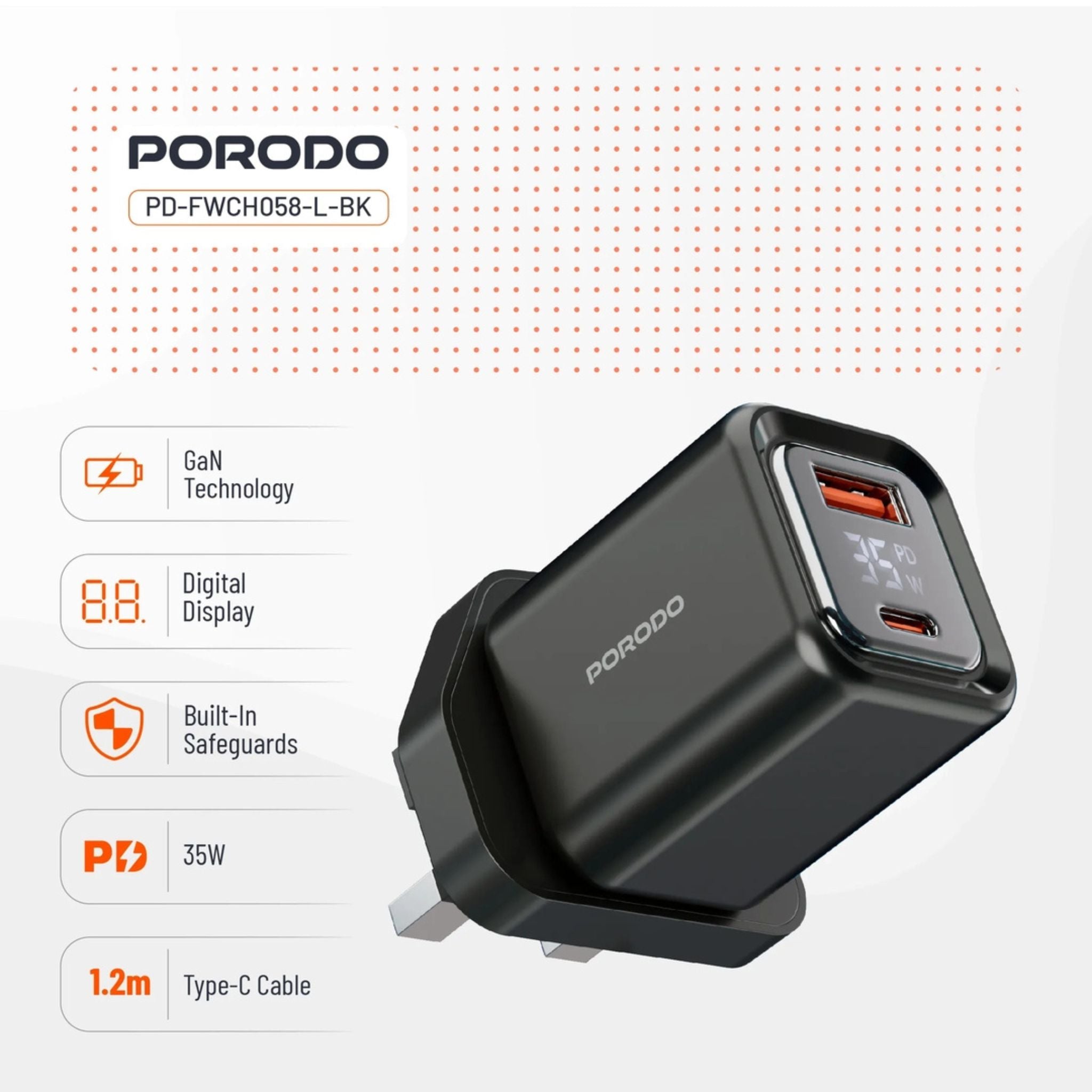 Porodo PD35W GaN Fast Charger with LCD Display, USB-C PD 35W Output, UK Plug, Includes Lightning Transparent Cable for iPhone & iPad, High-Speed Power Adapter – Black