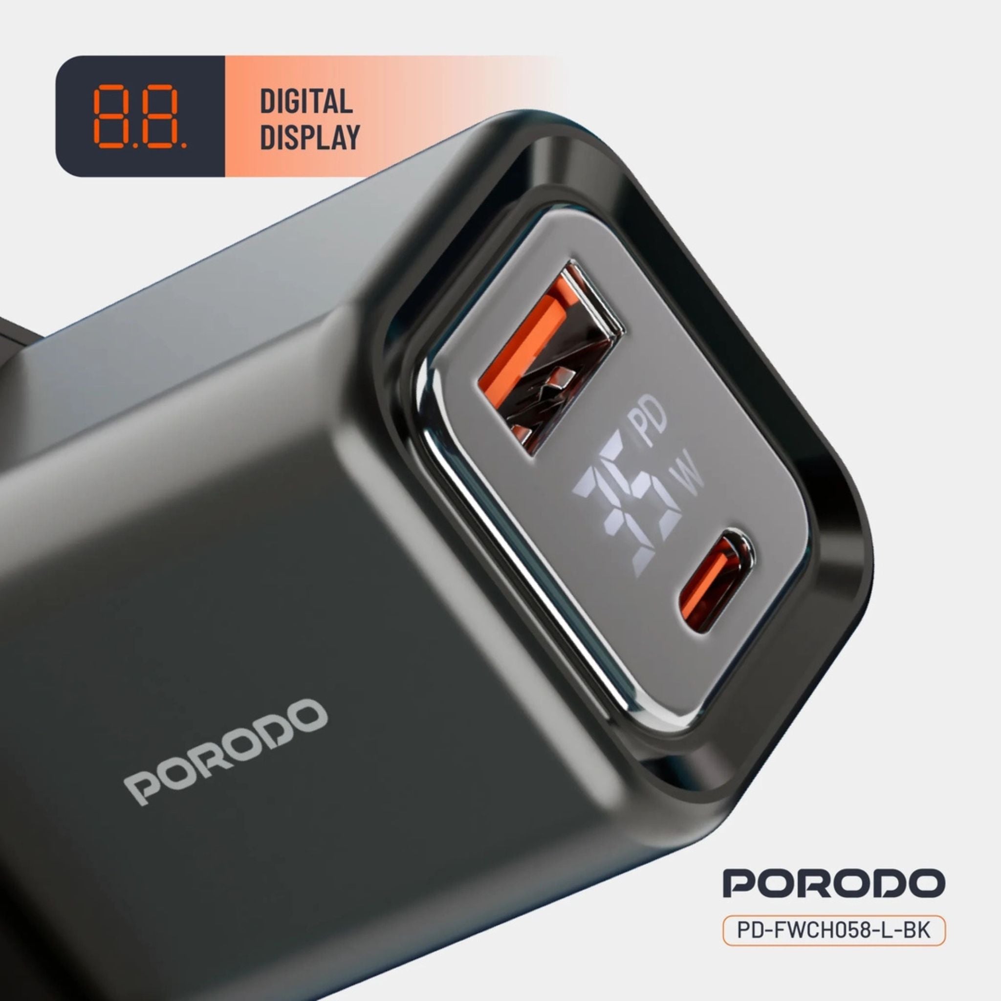 Porodo PD35W GaN Fast Charger with LCD Display, USB-C PD 35W Output, UK Plug, Includes Lightning Transparent Cable for iPhone & iPad, High-Speed Power Adapter – Black