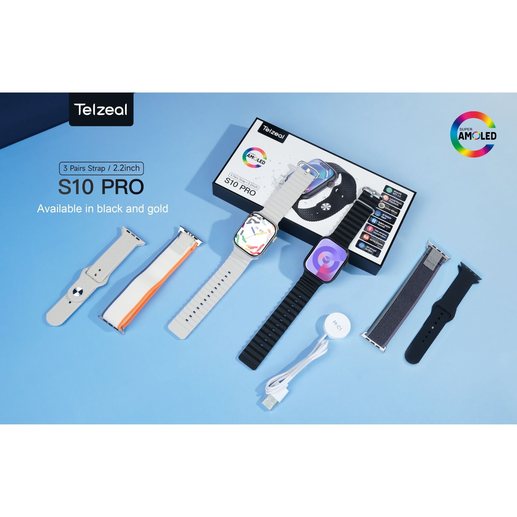 Telzeal S10 Pro AMOLED Display Smart Watch with 3 Pairs of Straps, Wireless Charger – Stylish, High-Resolution Display, Fitness Tracking, Heart Rate Monitoring, and More – Black