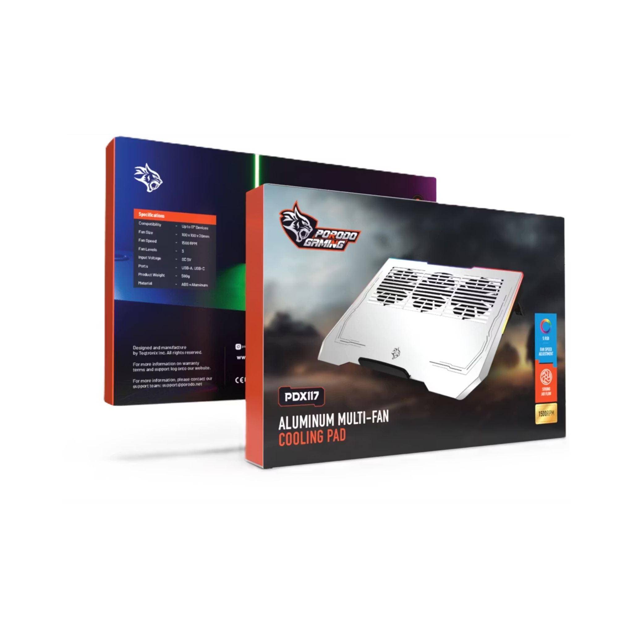 Porodo Gaming Aluminum Multi-Fan Cooling Pad, up to 17" Devices Compatible, 3 Viewing Angles, 3 Fan Levels, 1500 RPM, 28dB Low Noise - Silver