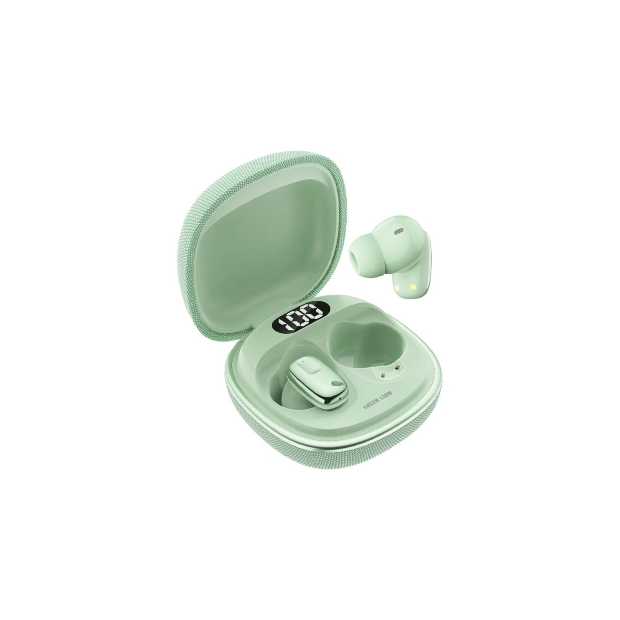 Green Lion Siena True Wireless Earbuds in a green color, with a charging case and earbuds displayed outside the case.