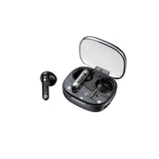 A pair of black wireless earbuds with a charging case open, displaying the earbuds and the charging status.