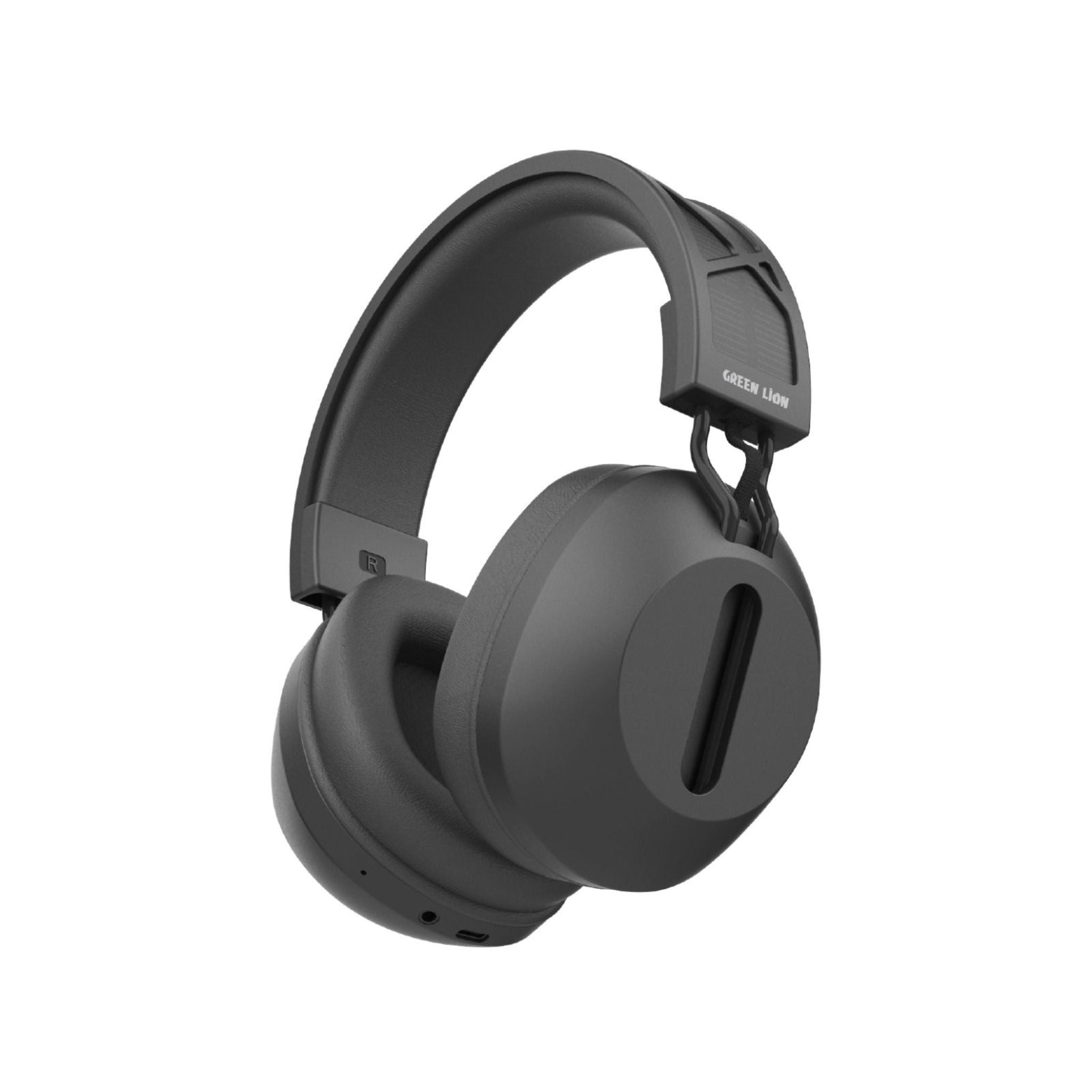 A pair of black Green Lion SolarEcho ANC headphones with a over-ear design.
