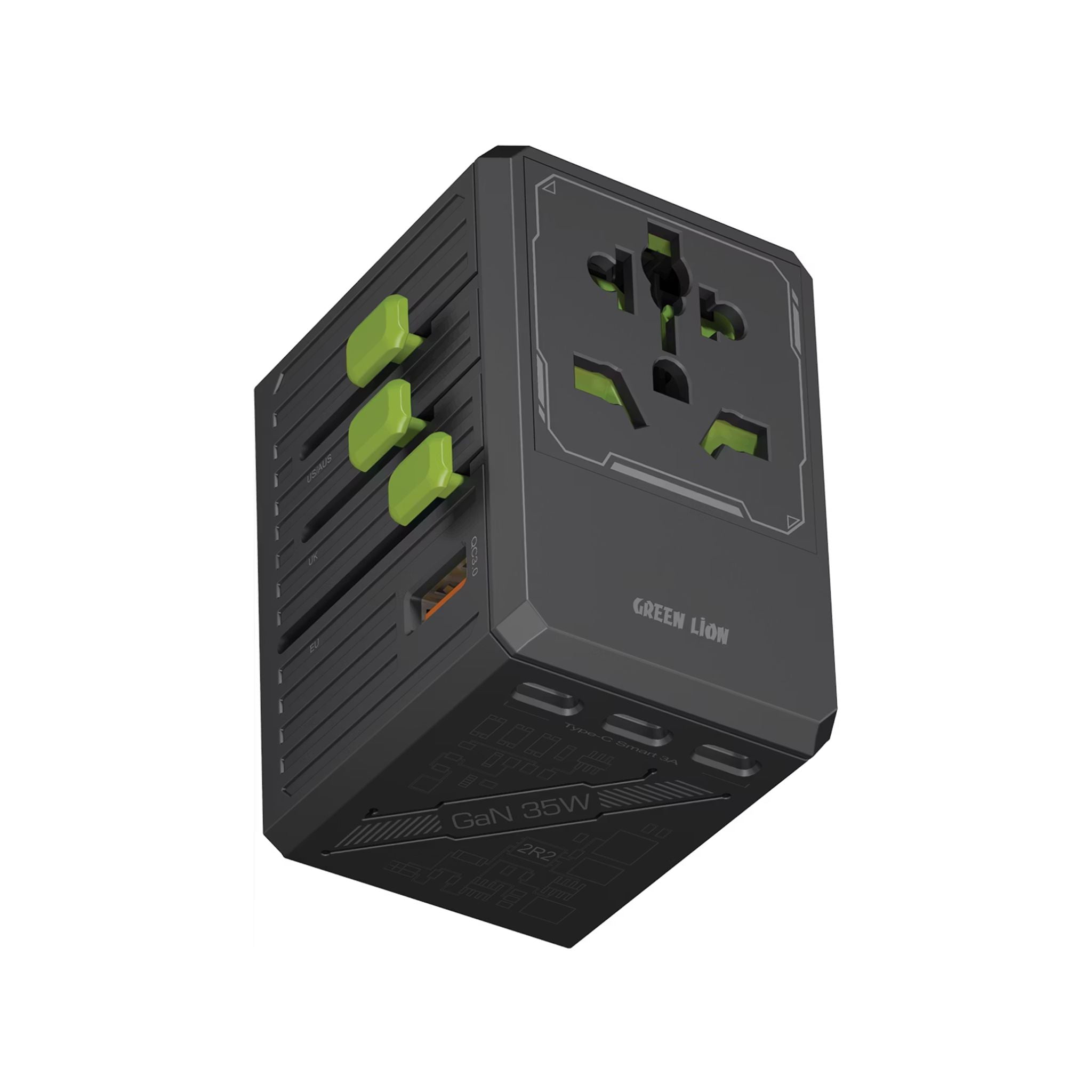 Green Lion GaN Adapter 6-in-1 & 2-in-2 Cable, PC Flame Retardant & Copper Material, PD 35W Fast Charging, Universal AC Sockets - Black