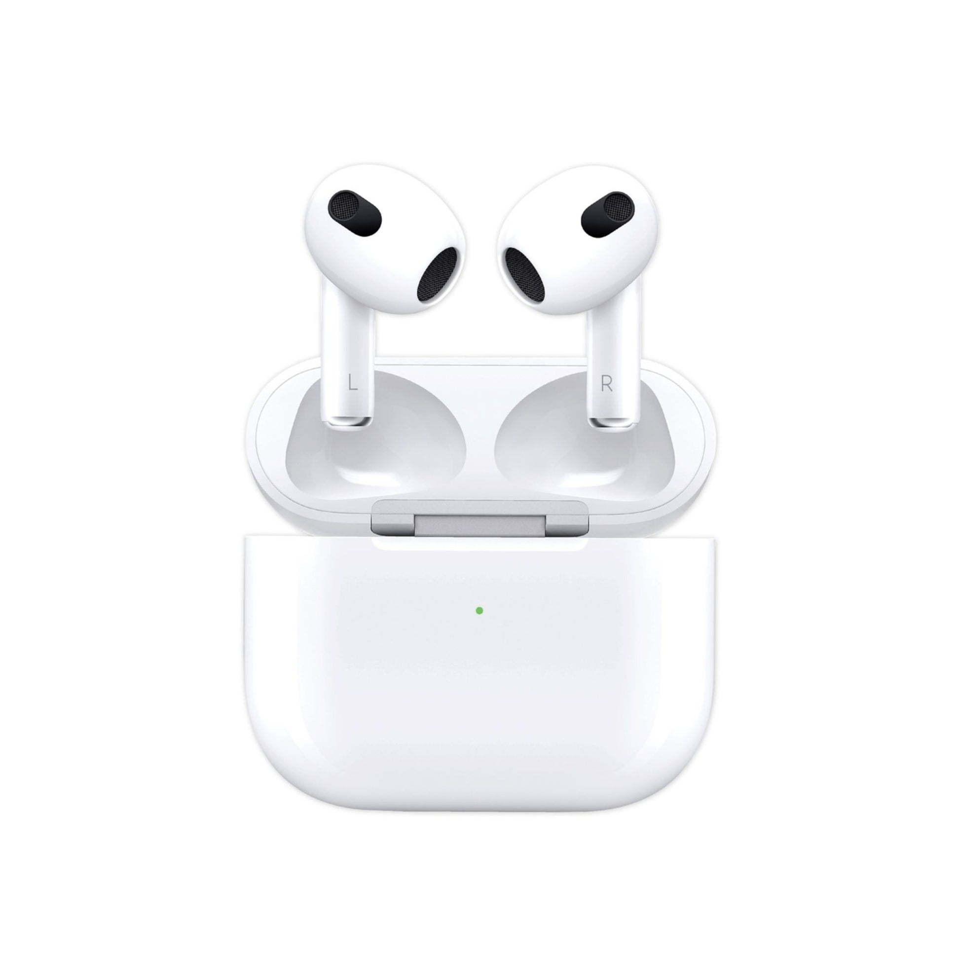 A pair of white Porodo Blue Deep Bass Wireless Earbuds 3 in their open charging case.