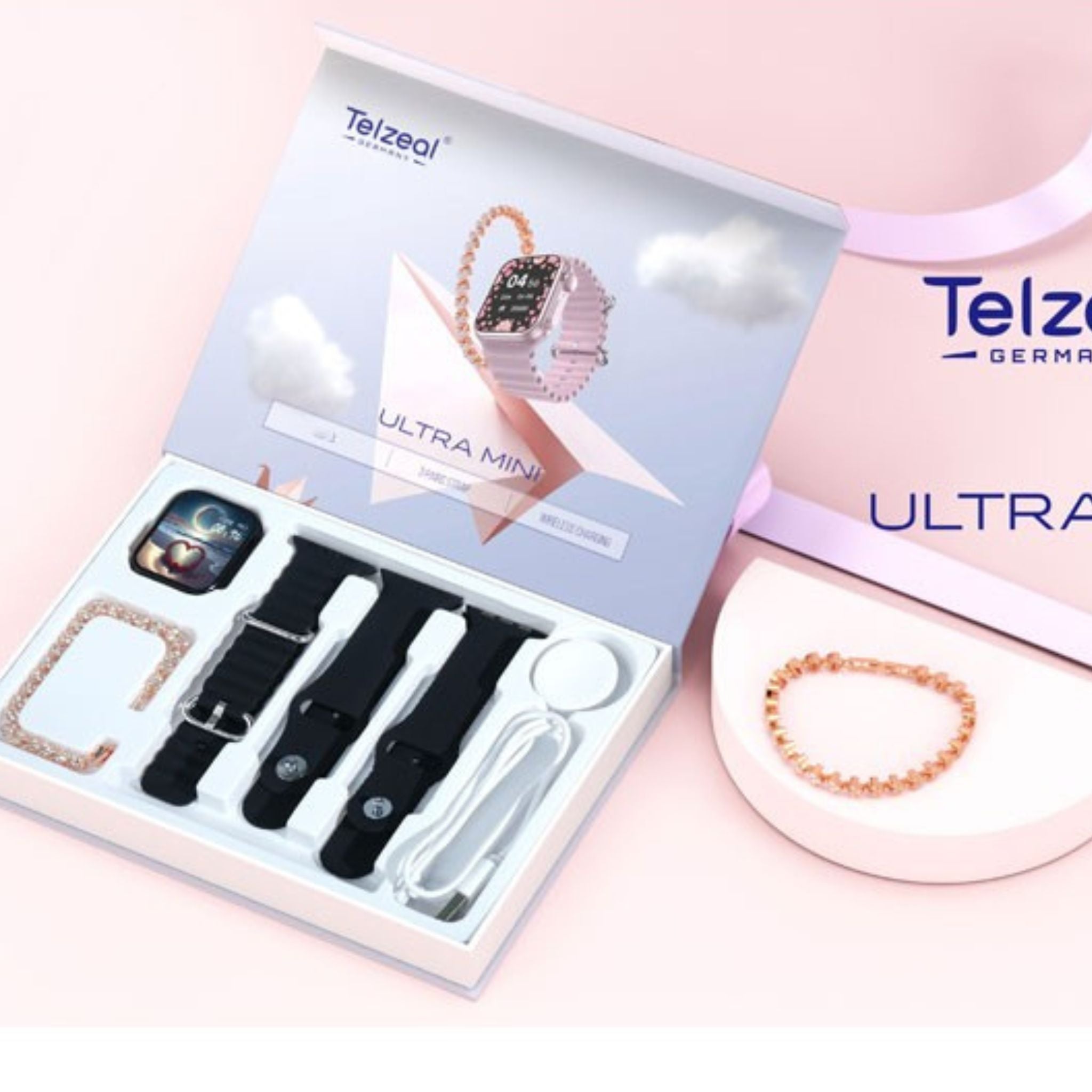 Telzeal Ultra Mini 42 mm Smart Watch and Fashion Bracelet With 3 Pair Straps Wireless Charger For Ladies and Girls - Black