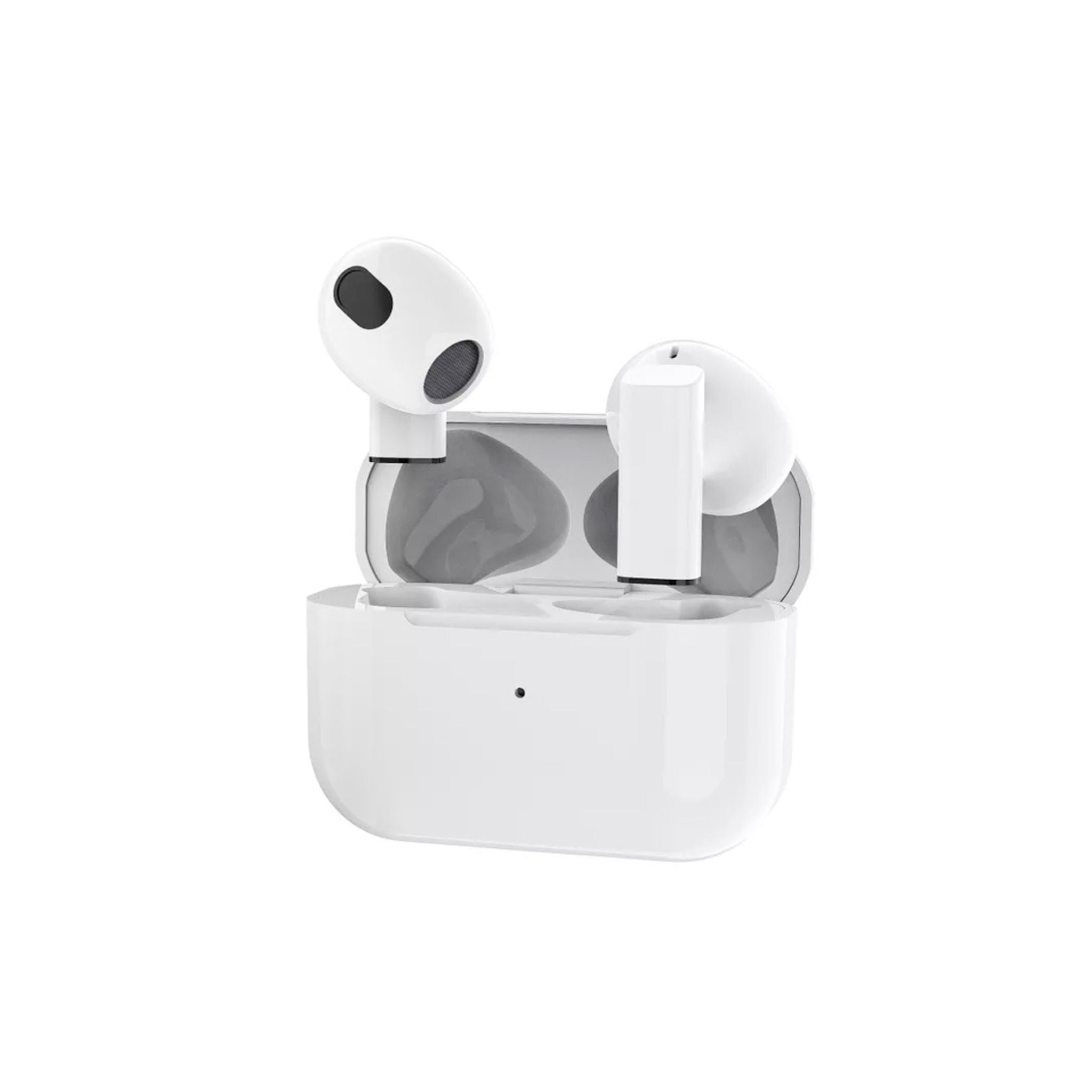 A pair of white in-ear true wireless earphones with a charging case.